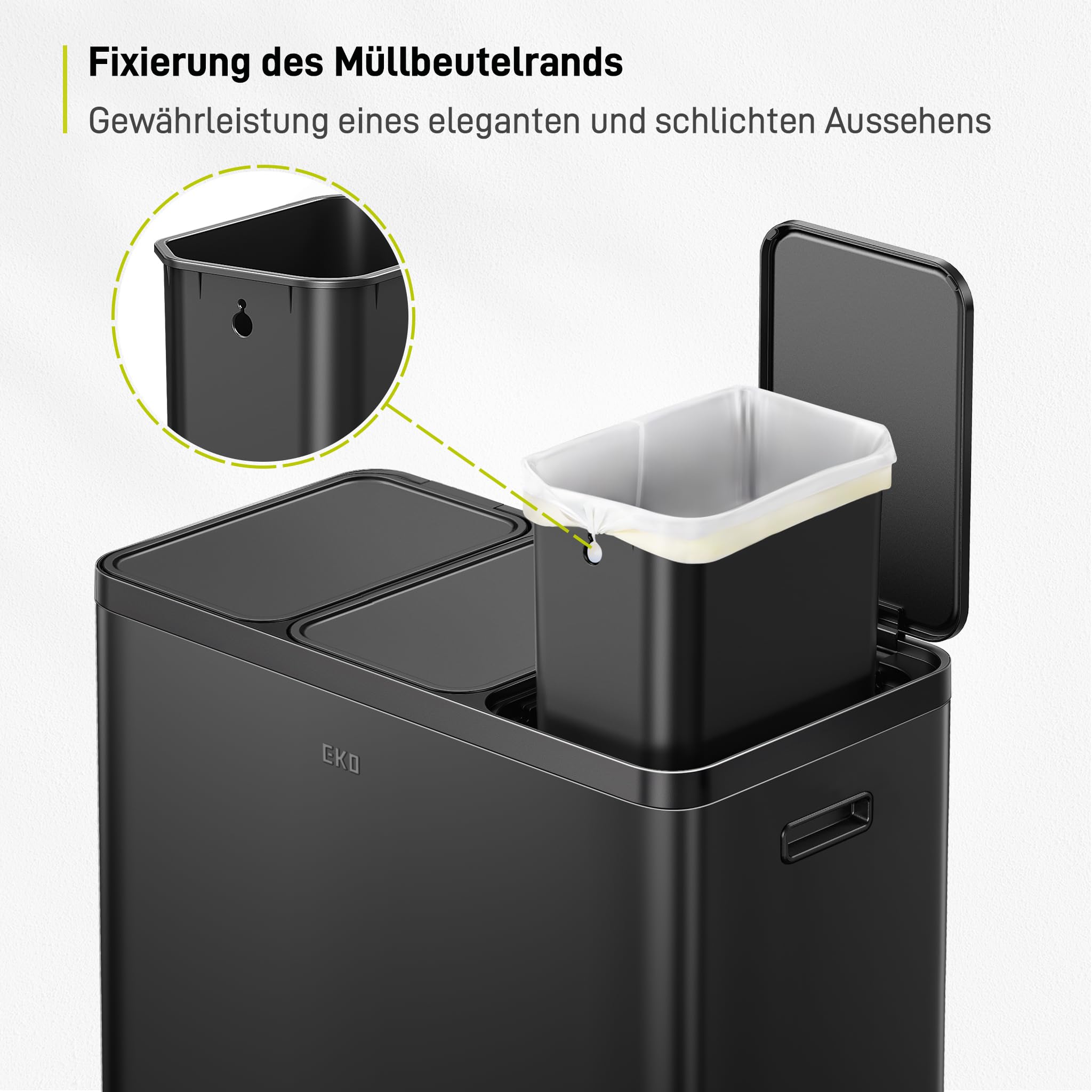 EKO Essential Mülleimer 3 Fächer, 3 x 20 Liter, Mülltrennsystem Küchentretmülleimer, inklusive 20 Müllsäcke, Großraum Abfalleimer mit Deckel, sanftem Schließen und luftdicht, Mattschwarz Edelstahl