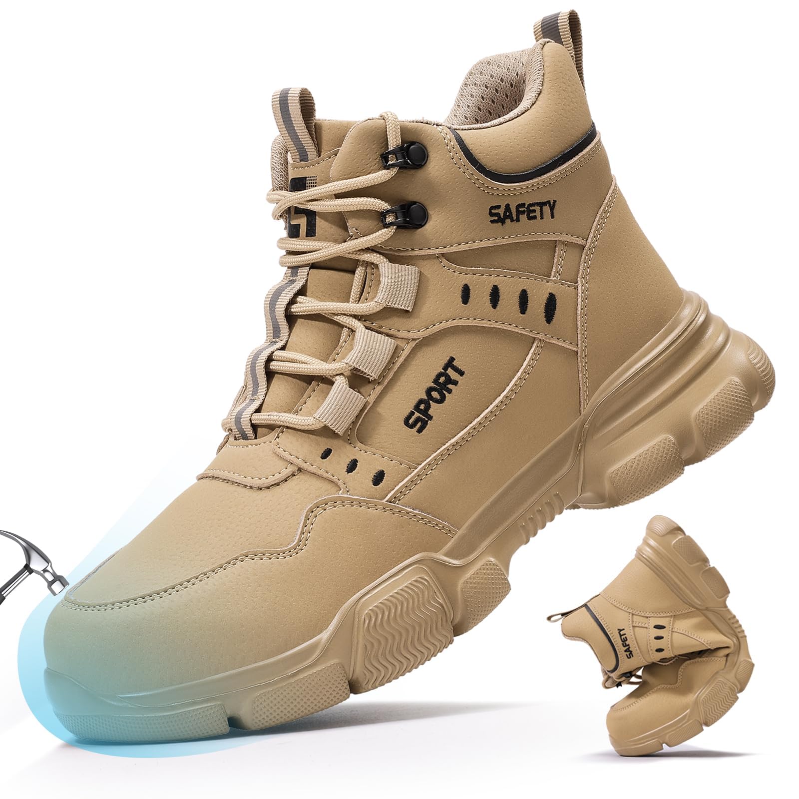 Safety Shoes Mens Work Boots Waterproof Lightweight Steel Toe Cap Boots Industrial Construction Sites Puncture Proof Shoes, Desert Sand Work Shoes, 12.5 UK-image-22