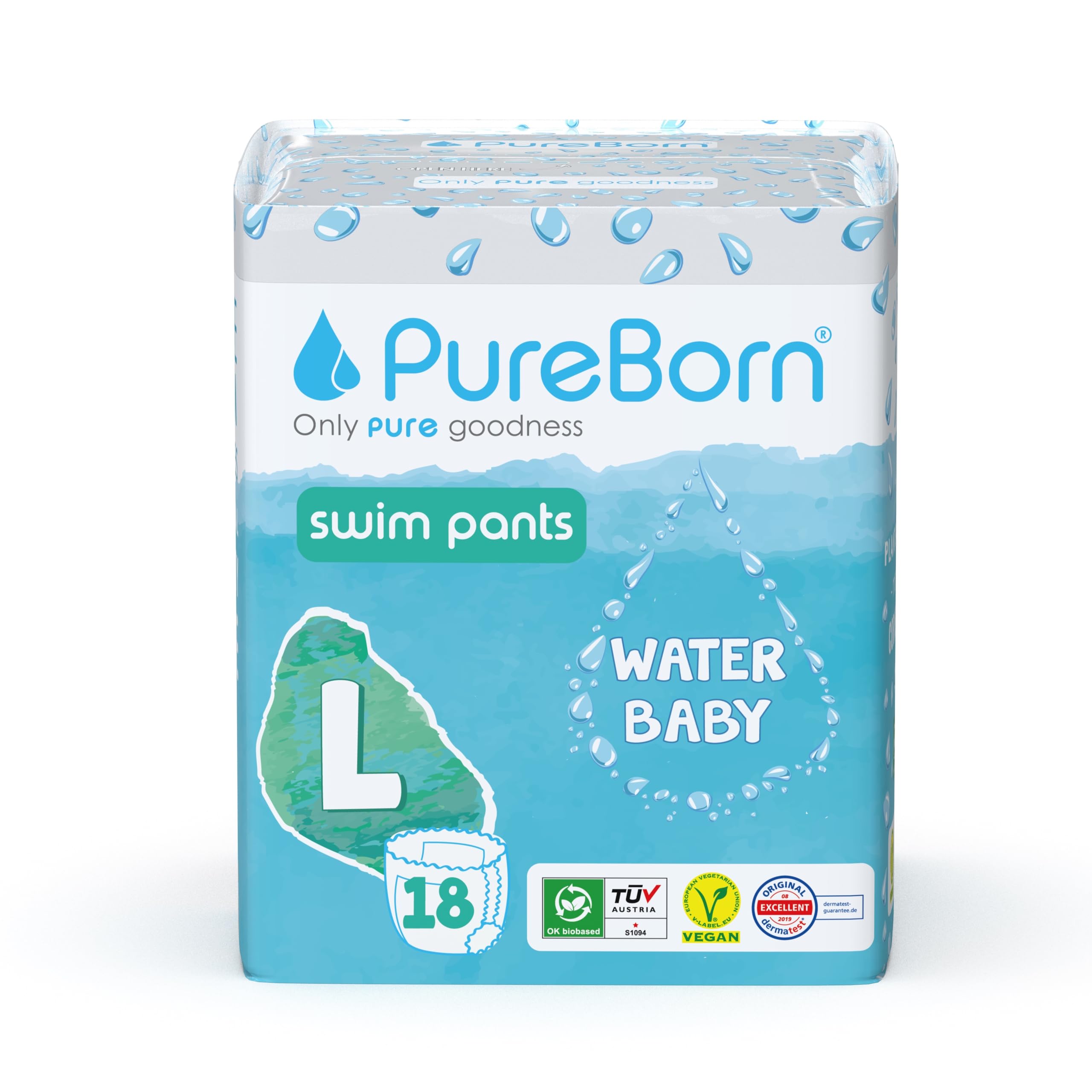 PureBorn Pañal Bañador Desechable, Swim Pants, Talla L (9-14 kg), 18 unidades, Diseñados para la Playa y la Piscina, Ultra-Suaves, Elásticos, Sin Fugas, Estampados de Verano