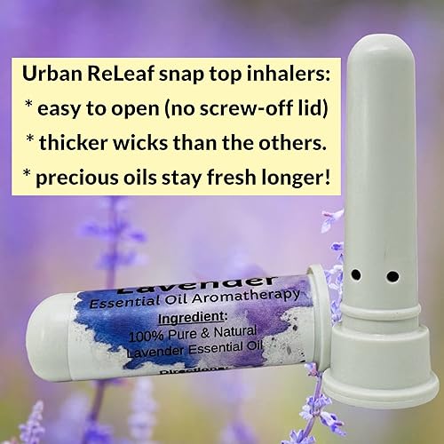 Miniatura 4 de Urban ReLeaf Inhalador nasal de aromaterapia de aceite esencial de lavanda, aceite floral puro sin diluir, parte superior fácil de abrir. Fabricado