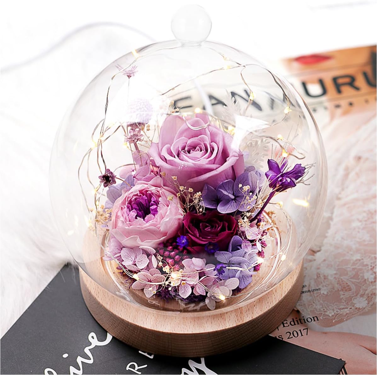 Glass Bell Jar Display Cover with Wooden Base for Keepsakes