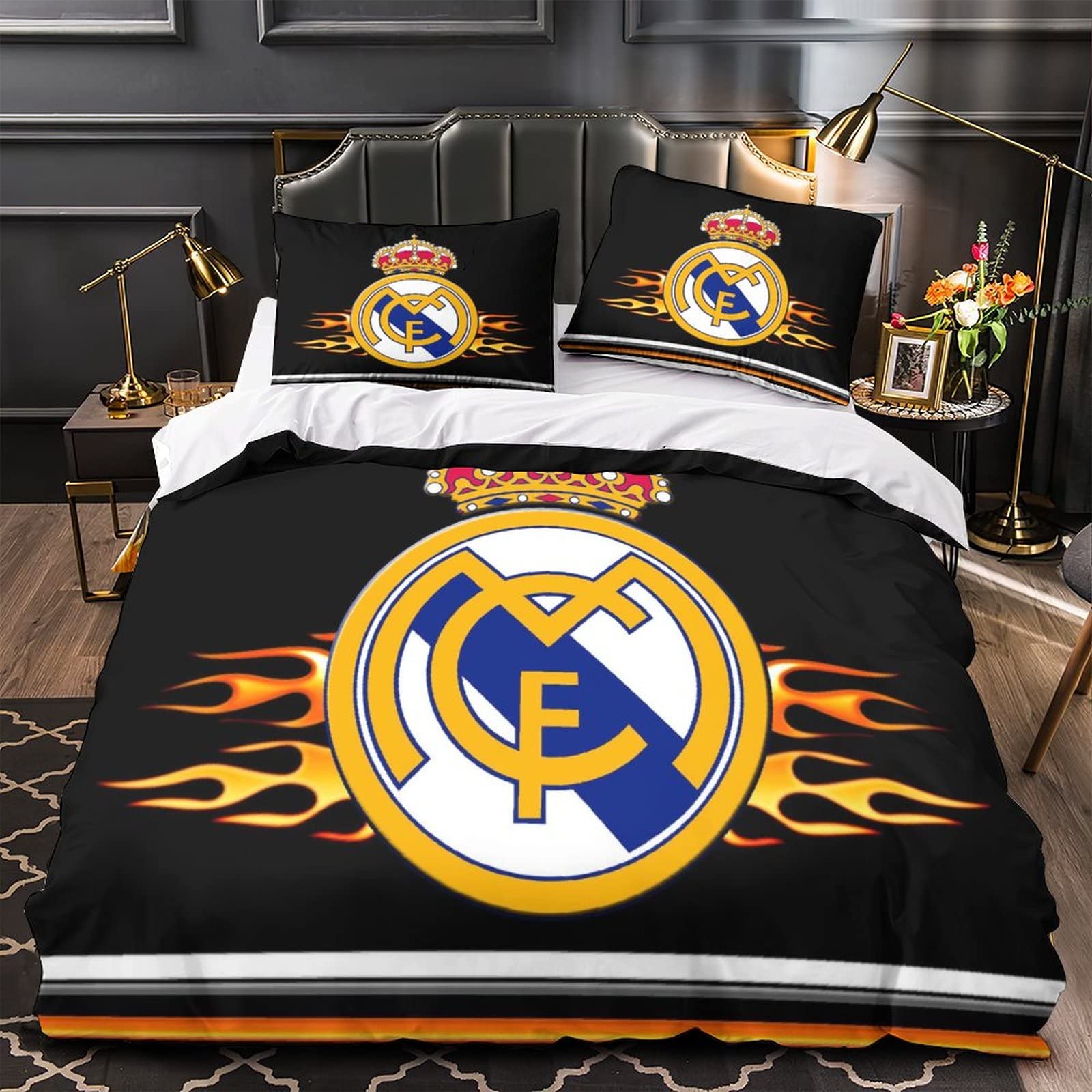 Equipo de Fútbol Real Madrid Juego de Funda Nórdica Cama de 90cm Funda de Edredón de Microfibra Suave con 2 Fundas de Almohada 50x75