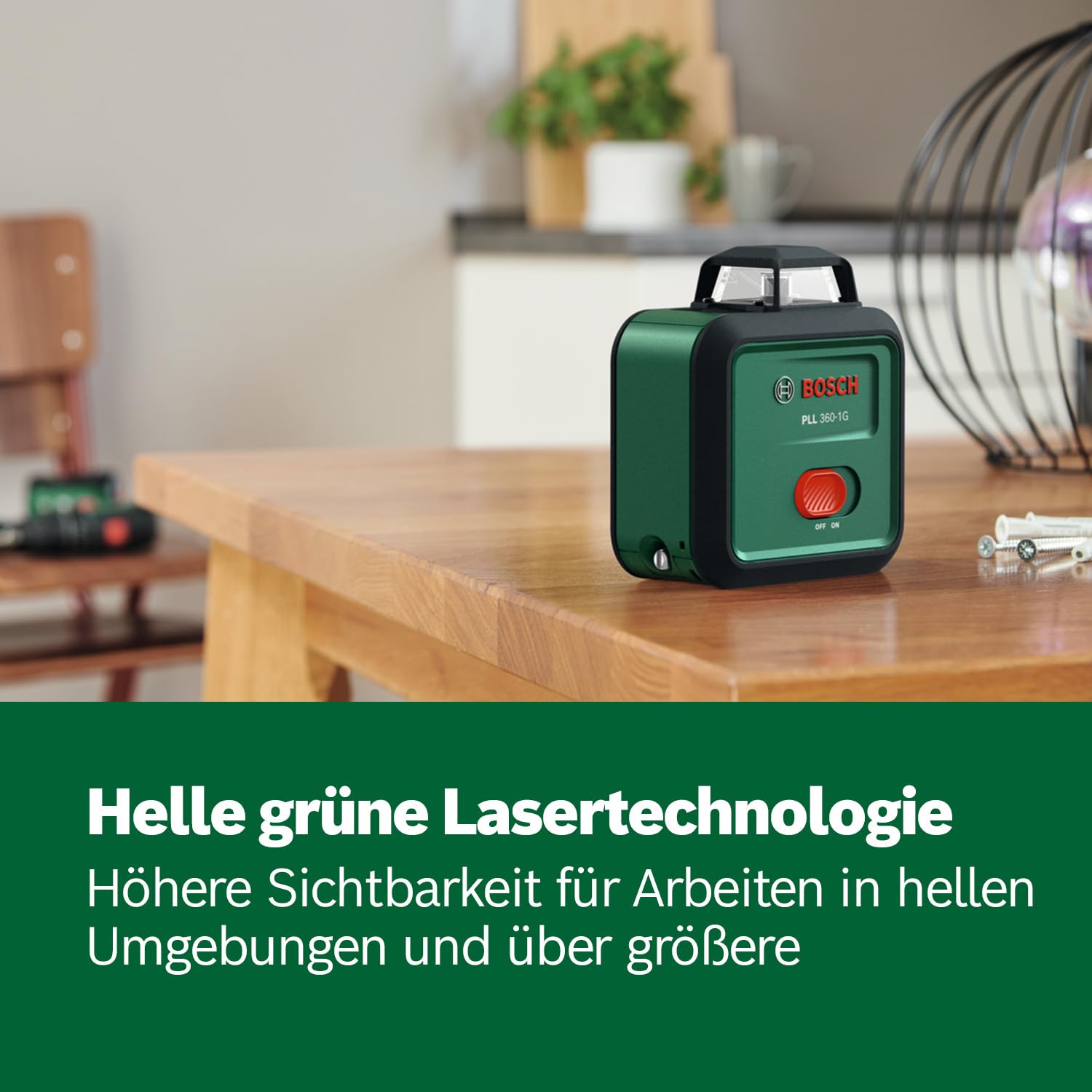 Bosch Linienlaser PLL 360-1G (360° grüner Laser, selbstnivellierend, ±0,4 mm/m Genauigkeit, integrierter Lithium-Ionen-Akku, Laden über USB-C®, im Karton)