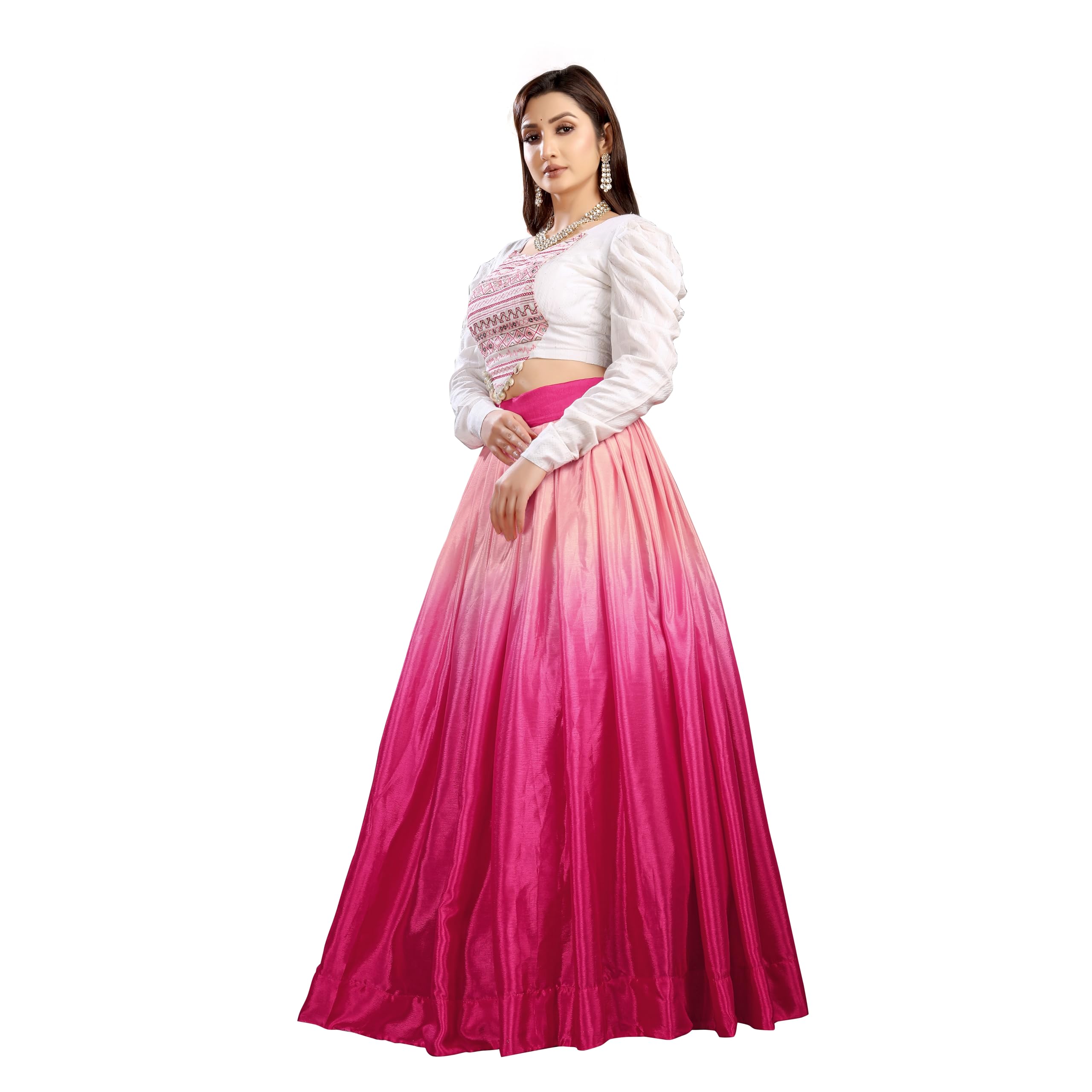 Women's Ombre Pink Lehenga with Unstitched Embroidered White CropTop Set For Navrati || Wedding || Traditional Ethnic Wear-image-41