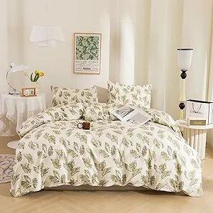 ECOCOTT Duvet Cover Queen Size Leaf Pattern Duvet Cover Set, Ultra Soft & Breathable Comforter Cover with Zipper Closure 4 Ties Bedding Set