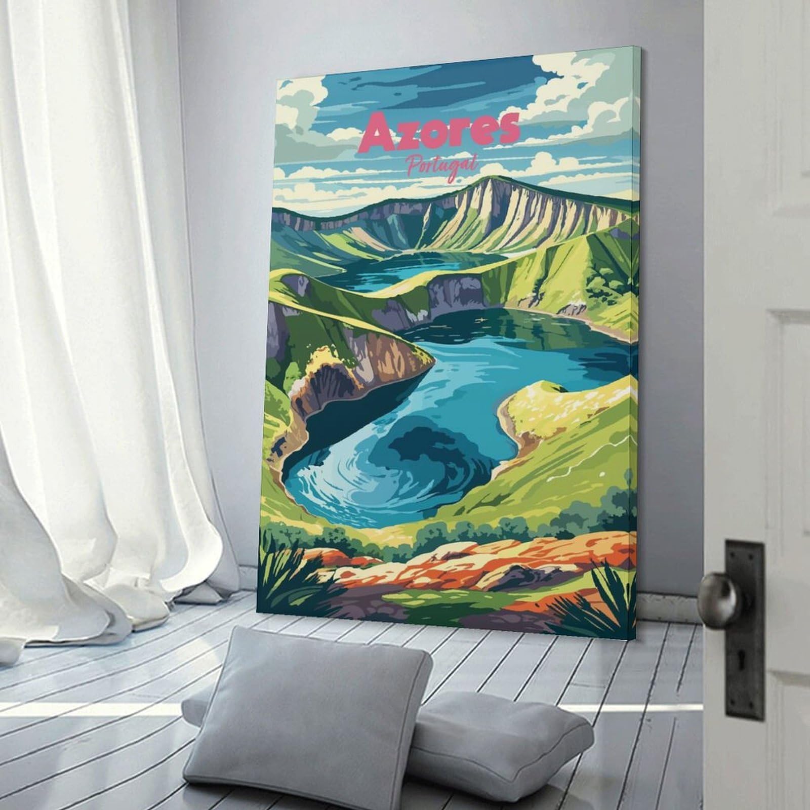 Junmoney Azores Portugal Landscape Illustration Hanging Wall Art, 24x36inch(60x90cm), for Living Room, Bedroom, Office Or Hallway, Decorative Artwork with Broad Appeal