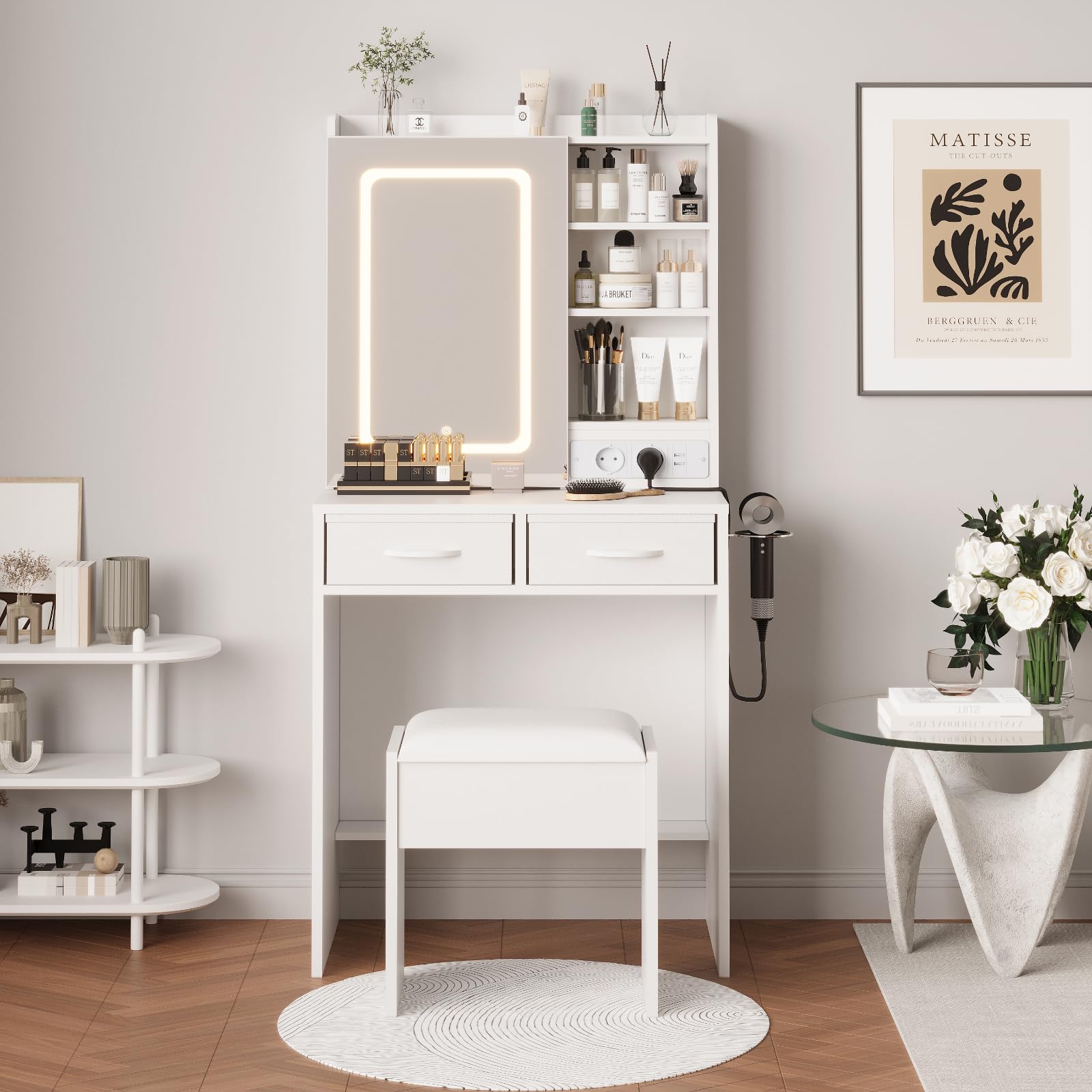 Aptliton Dressing Tables with LED Lighted Mirror, Makeup Vanity Table with Charging Station, Cushioned Storage Stool, 3 Lighting Modes & Ample Storage Shelves for Bedroom,white