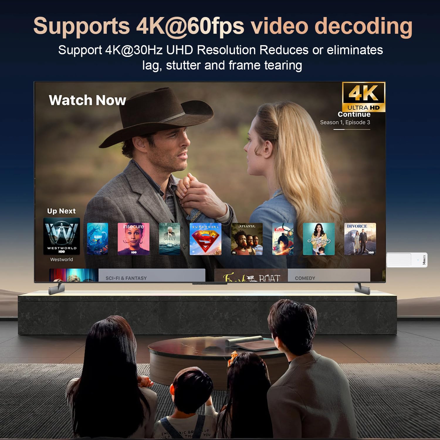 Android 14.0 TV Stick, con 2GB RAM e 16GB ROM, alimentato da chipset RK3518 Quad-Core 32bit Cortex-A53 e GPU Mali 450 MP2, supporta Wi-Fi dual-band 2.4G/5G, BT 5.4 e 4K Ultra HD