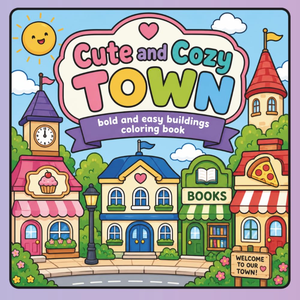 Cute and Cozy Town: A Bold and Easy Buildings Coloring Book