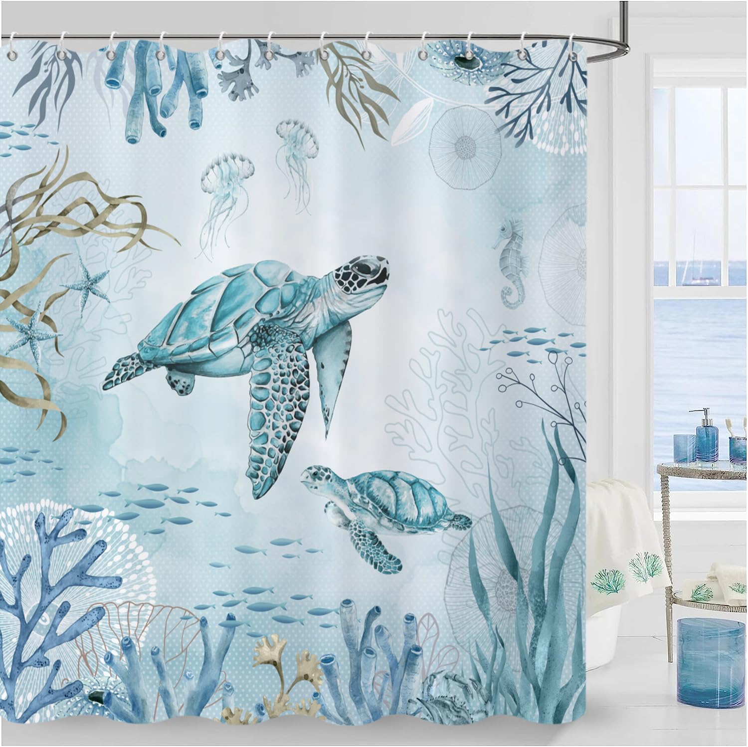 Caheansi Sea Turtle Shower Curtain, Nautical Coastal Ocean Beach Theme Underwater Marine Life Teal Blue Turtles Bath Curtain Waterproof Fabric Machine