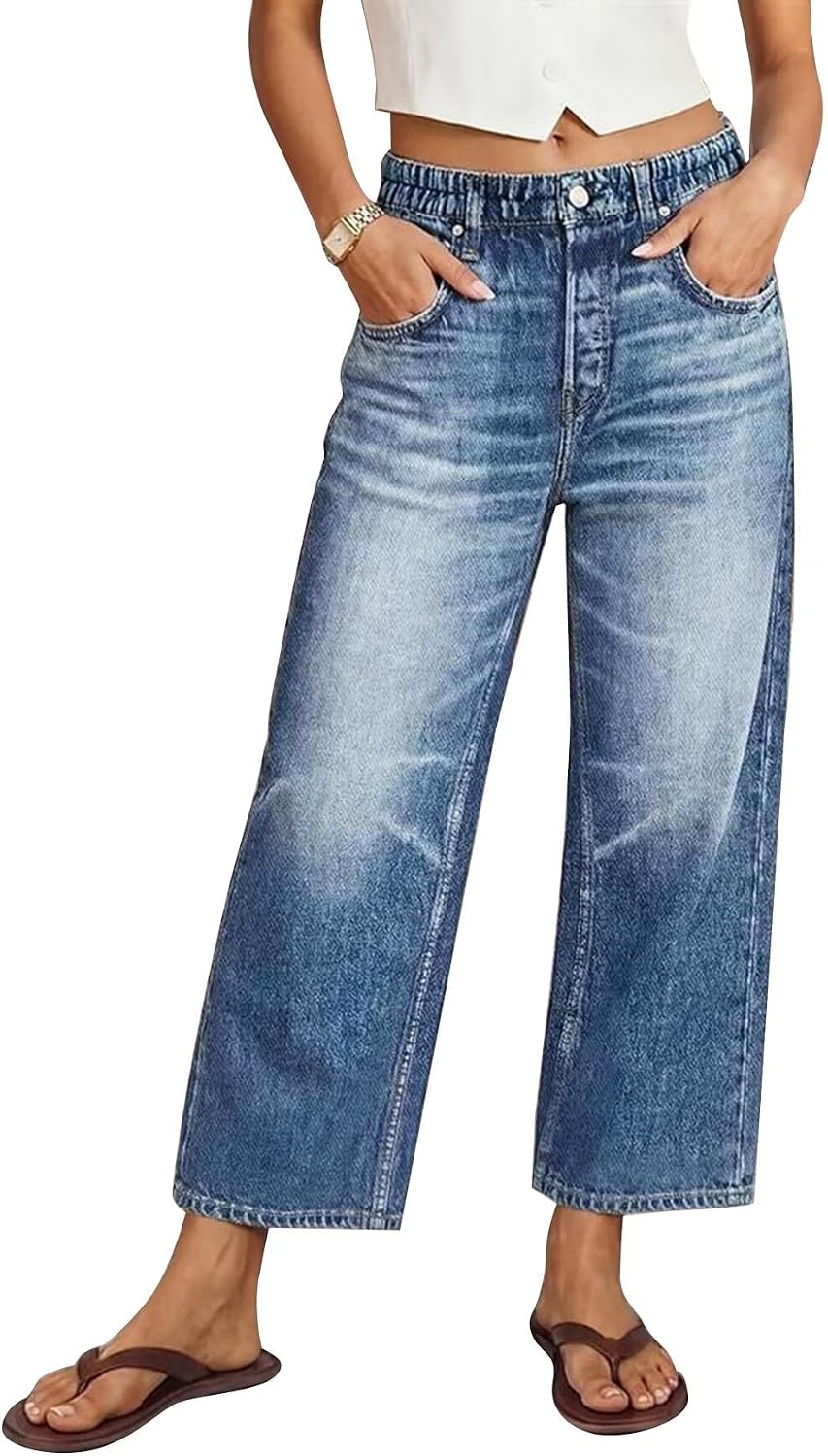 Flamingals Wide Leg Jeans for Women Mid Rise Washed Elastic High Stretch Casual Denim Pants