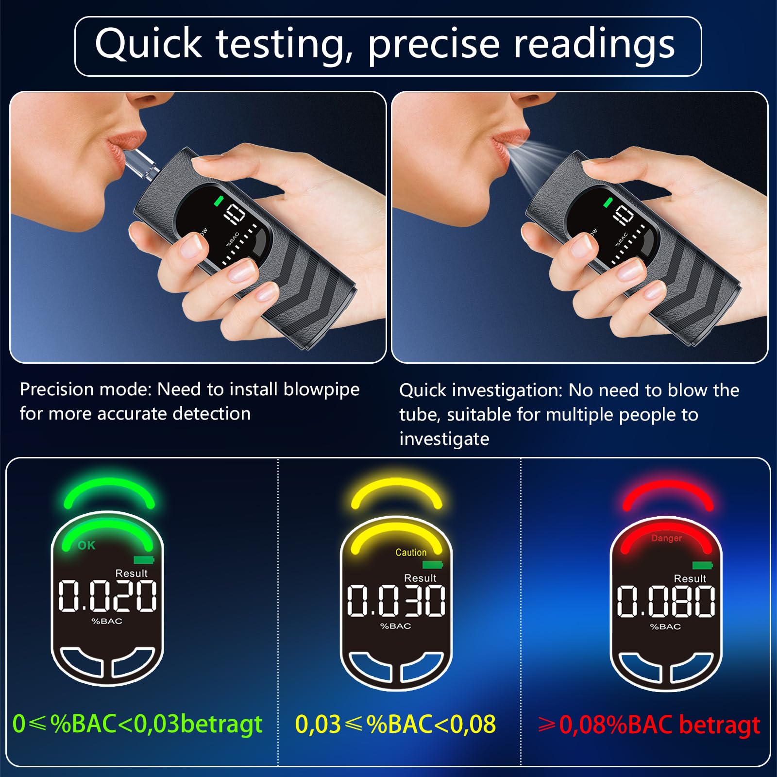 Alkoholtester, Alkoholmessgeräte Polizeigenau Promilletester mit USB-C Akku, Professioneller Alkohol Tester mit 20 Mundstücken und Digitaler LCD Bildschirm