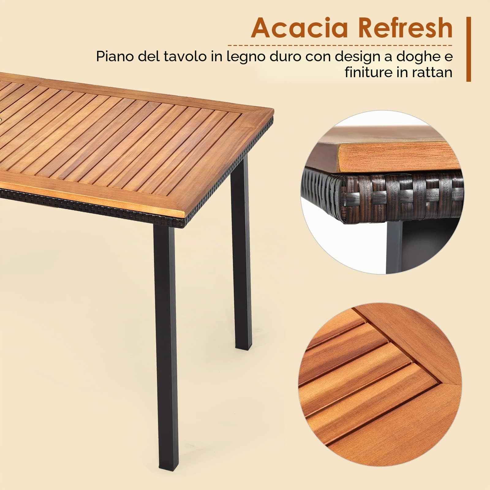 LIFEZEAL Tavolo da pranzo con foro per ombrellone, tavolo da giardino in legno di acacia con gambe in metallo, tavolo da pranzo per cucina, terrazza, giardino, 140 x 75 x 75,5 cm
