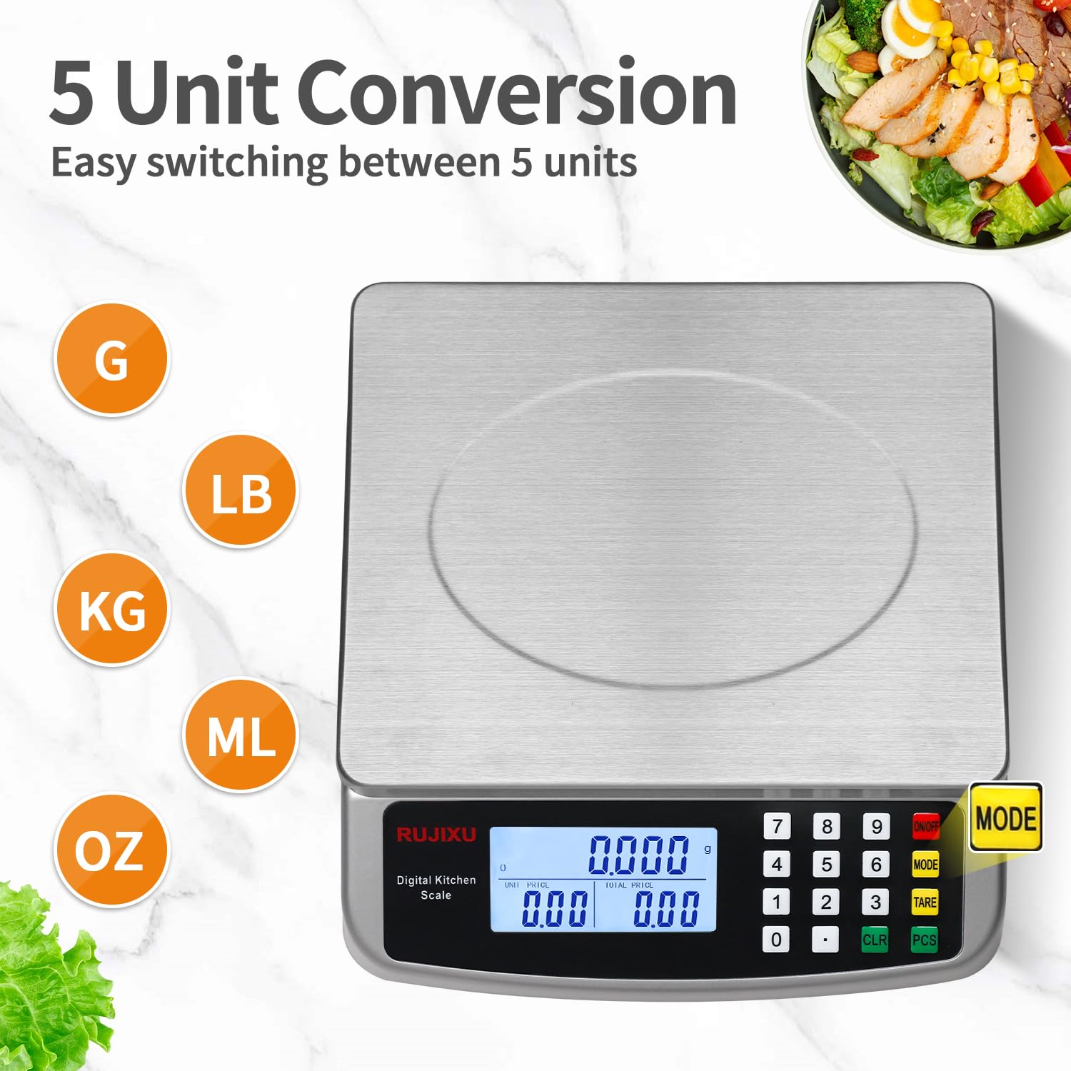 Báscula digital grande de cocina de 88 lb/40 kg, escala de 0.05 oz/1 g con escala comercial de cálculo de precios, báscula de gramos de acero inoxidable 304 para hornear, cocinar carne, restaurante
