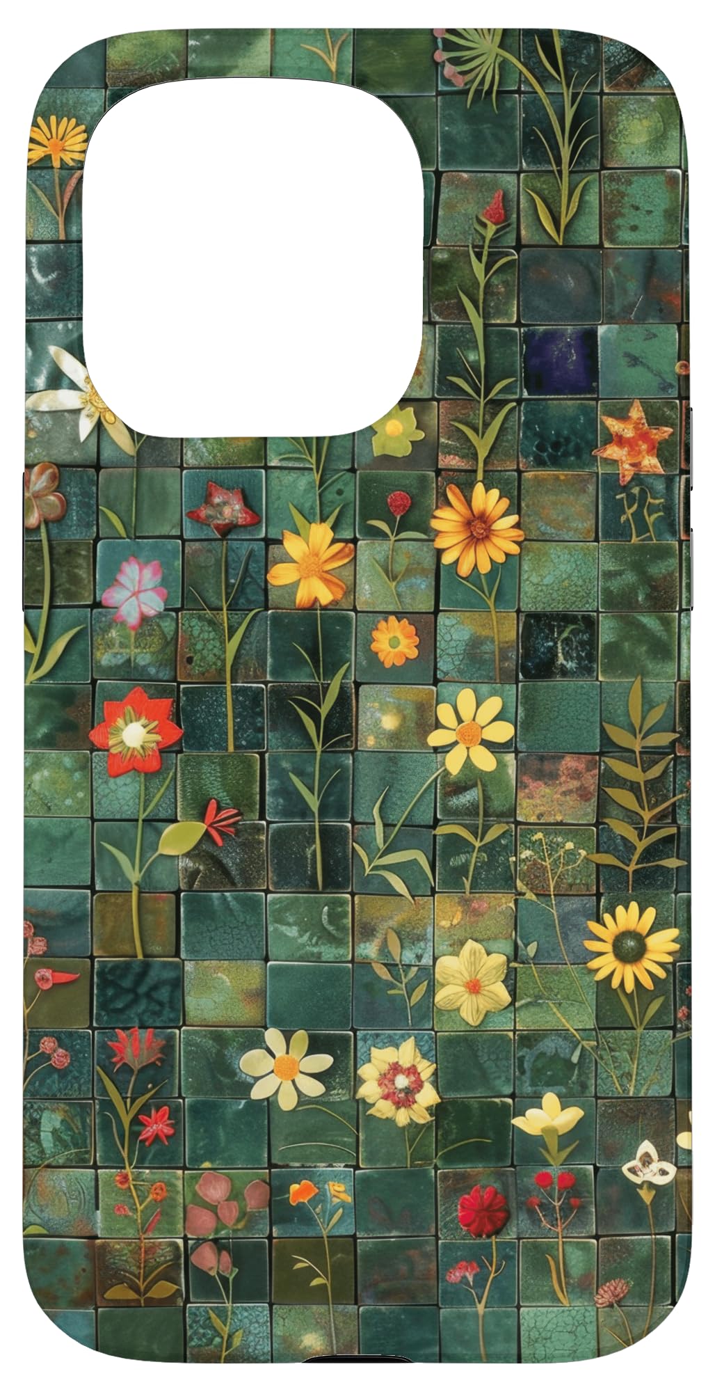 Vibrant Mosaic Olive Green Tiles Floral Botanical Case for iPhone 15 Pro