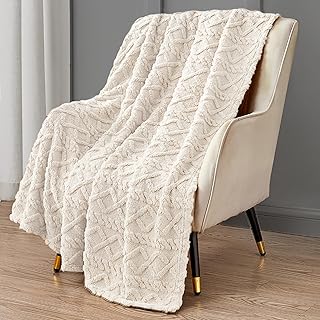 Sherpa Fleece Throw Blankets for Couch - Decorative Cream Throws Blanket with Stylish Pattern for Couch Sofa Living Room and Bed-All Season Blanket (Cream, 50x70 Inches)