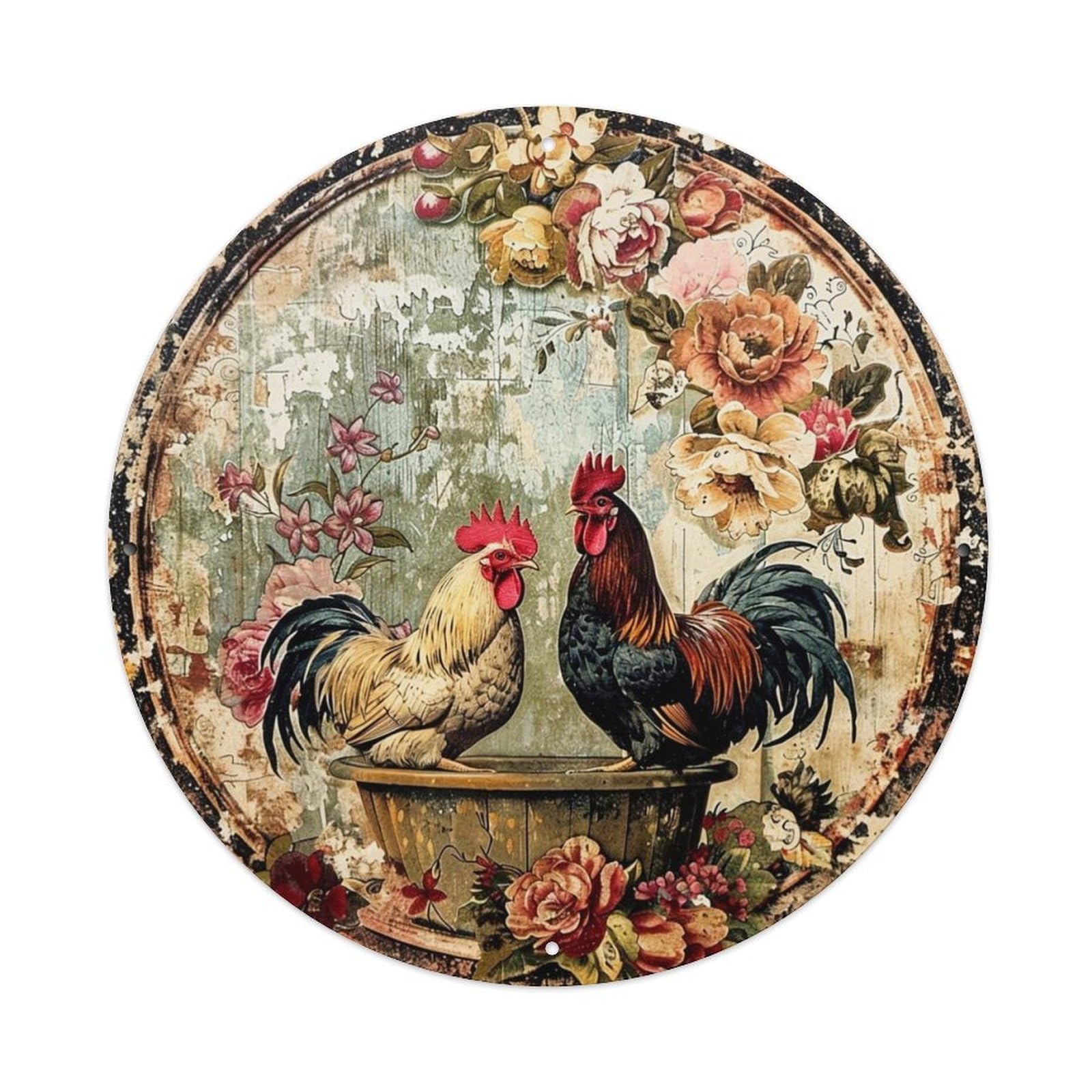 Rooster Floral Vintage Rustic Art Retro Metal Sign Round Tin Sign, Vintage Decor Art Poster for Bar, Home, Man Cave, Kitchen, Laundry Room Gift 8x8Inch