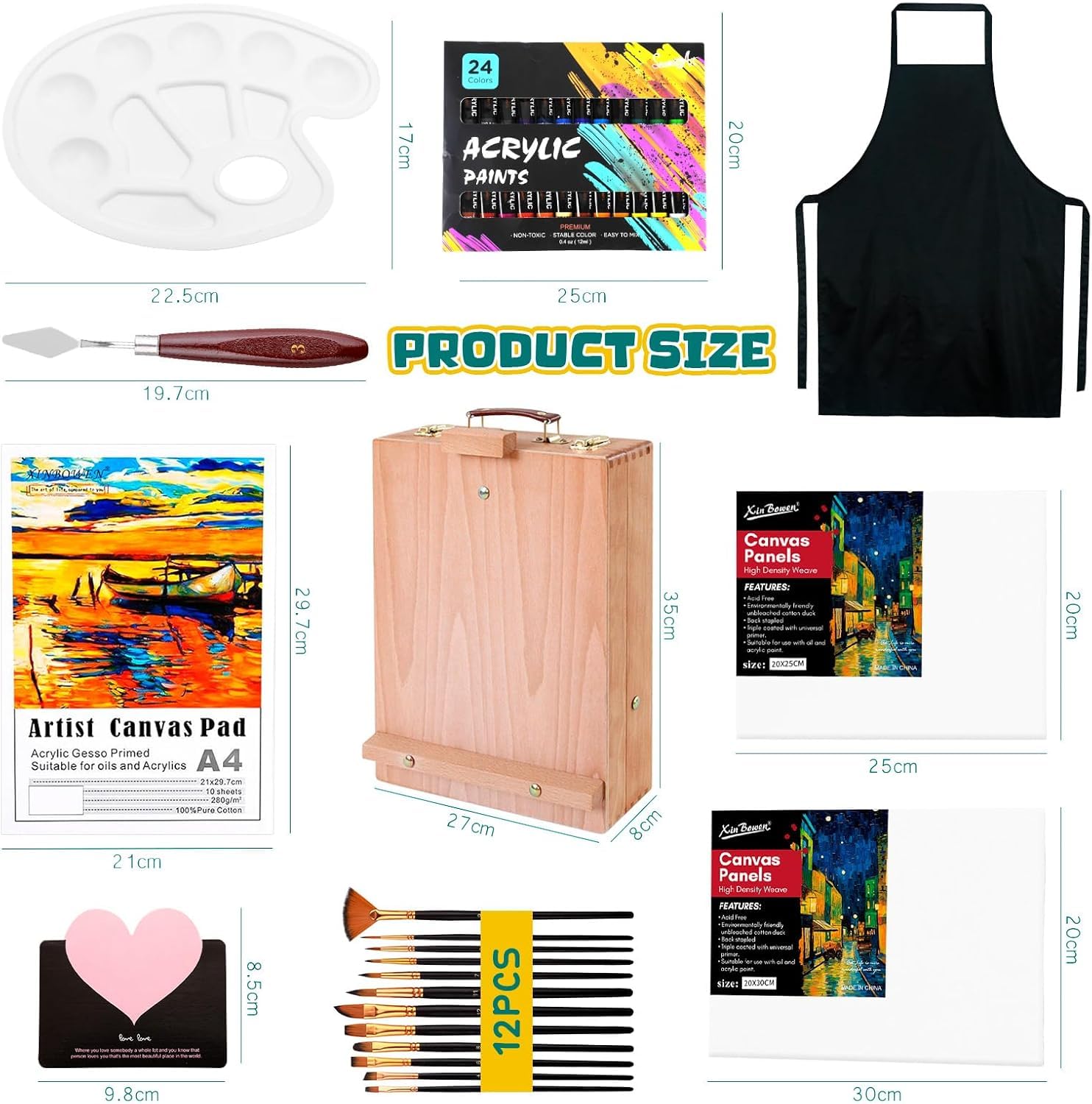 Cavalletto da Tavolo,Cavalletto Pittura,Set di pittura acrilica da 44 pezzi,24 colori acrilici,12 pennelli,Spatola, Grembiuli,Tavolozza Colori e Tela A4,per Professionisti e Hobbisti