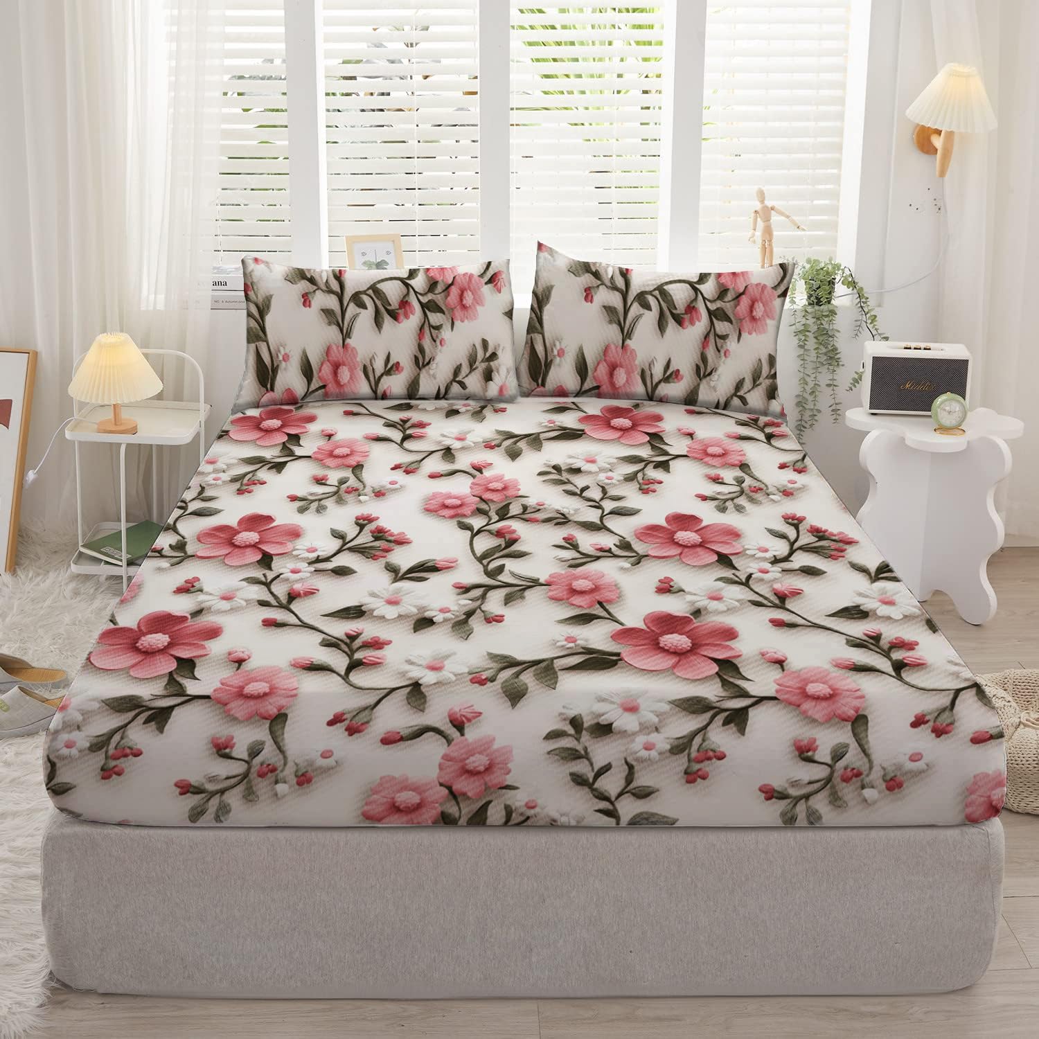 DECOMIZER 300TC Cotton Feel Glace Cotton Elastic Fitted 7D Printed King Size Double Bed Bedsheet with 2 Pillow Covers Fits Upto 8 inches Mattress,72x78, Red Sunflower