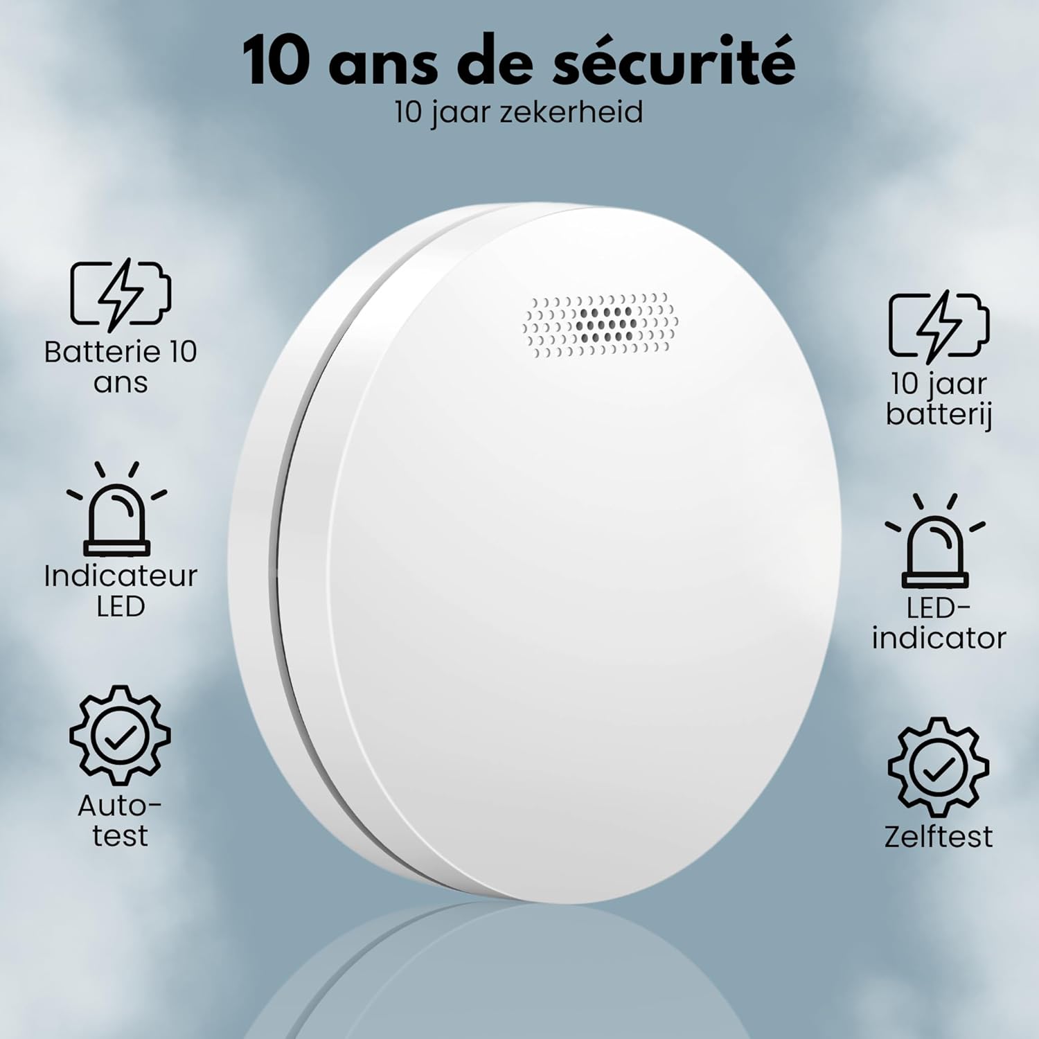 Aroha smoke detector highlighting 10-year battery, LED indicator, and auto-test features.