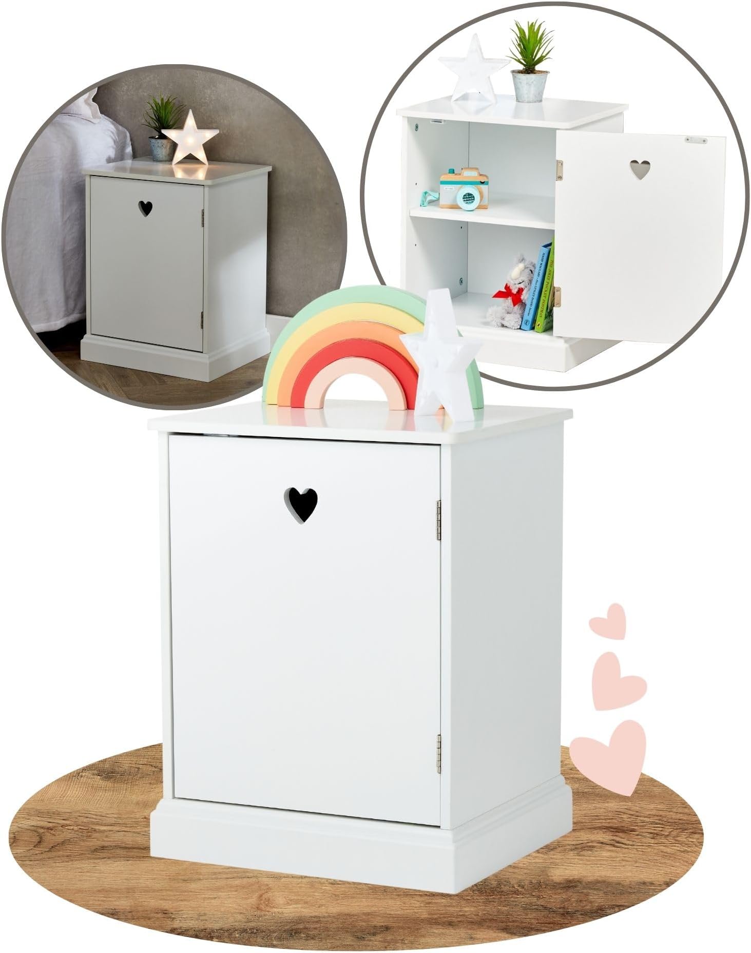 Haus Projekt Kids Bedside Table, 50x33x39cm, Girls Small White Bedside Table For Bedroom, Nursery, Children's Side Table With Storage, Heart Detail, Simple Modern Bedroom Furniture