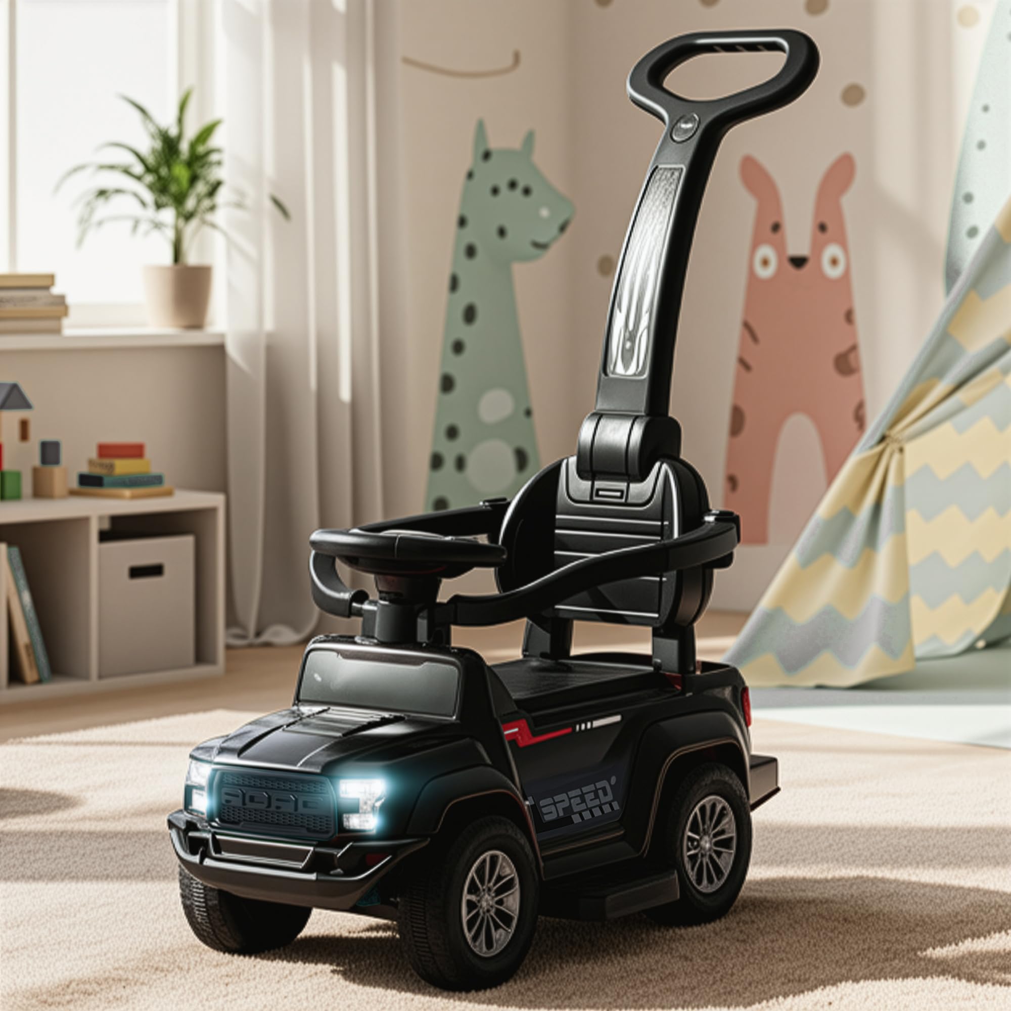 Baybee Roady Pro Ride on Car for Kids | Baby Push Ride on Jeep with Parental Handle & Safety Guardrail | Rideons Toy Car with Backrest, Light & Music | Baby Ride on Cars for Kids 1-3 Years (Black)