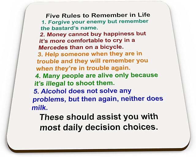 Five Rules to Remember in Life Funny Novelty Glossy Mug Coaster