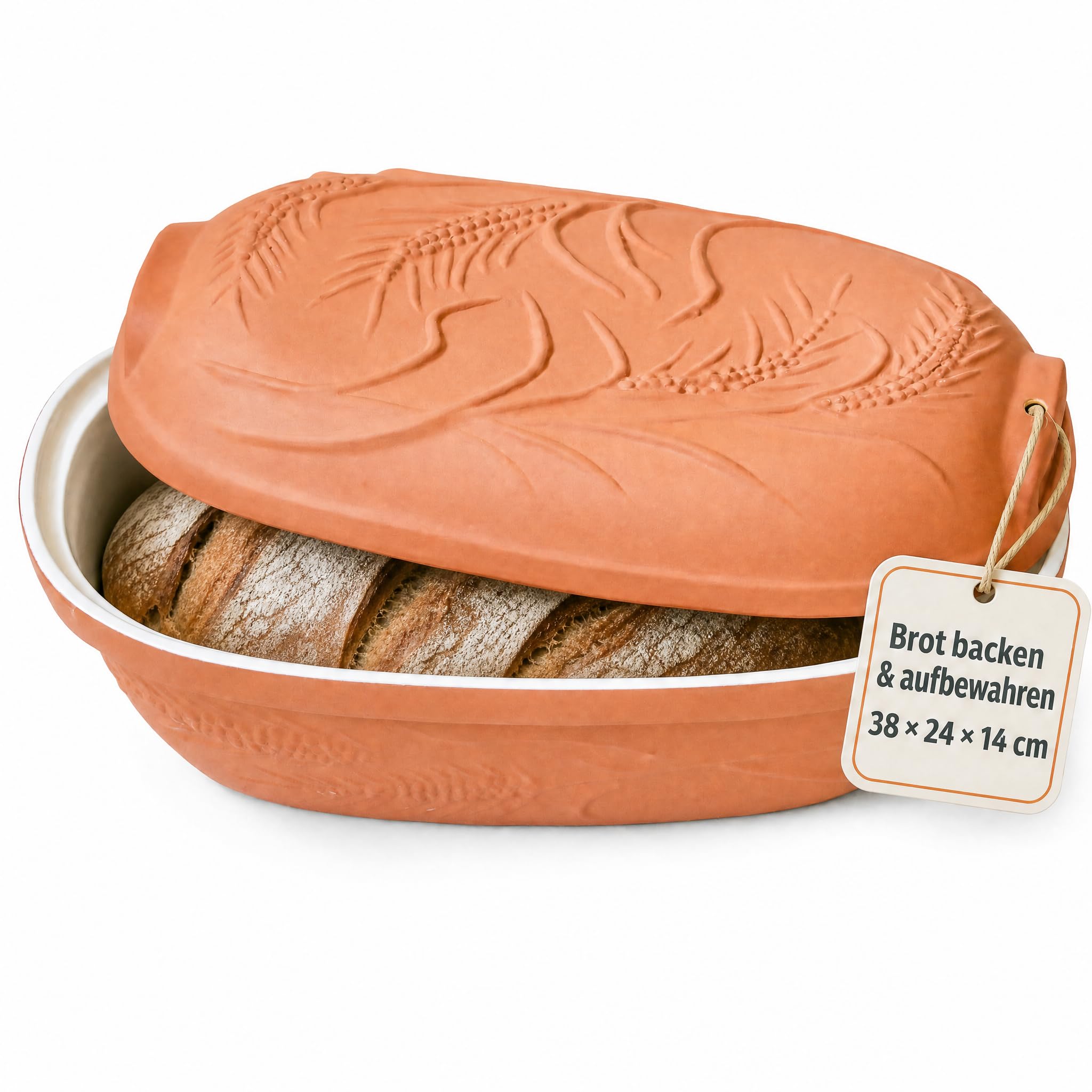 MS Steinzeug Brottopf Terrakotta TerraStone, oval mit Deckel, 38x24x14 cm | Brotbacktopf aus offenporigem Naturton zum Backen und Aufbewahren – speichert Feuchtigkeit für frisches Brot