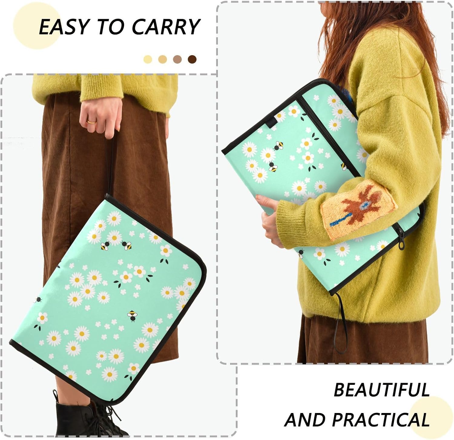 Cartoon Bees Daisy Flower 13 Pockets Expanding File Folder with Sticky Labels Accordion File Folder Document Organizer Letter Size A4 Papers Expandable File Keeper