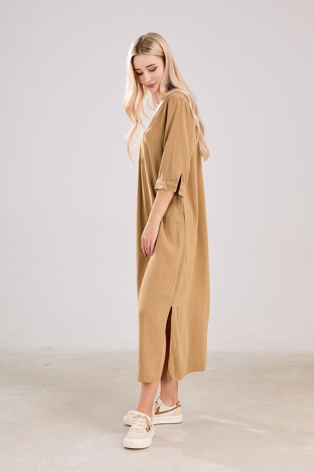 utcoco Womens Cotton Linen Maxi Dresses Casual Loose Fit V Neck 3/4 Sleeve Side Slit A Line Linen Long Dress - Image 6