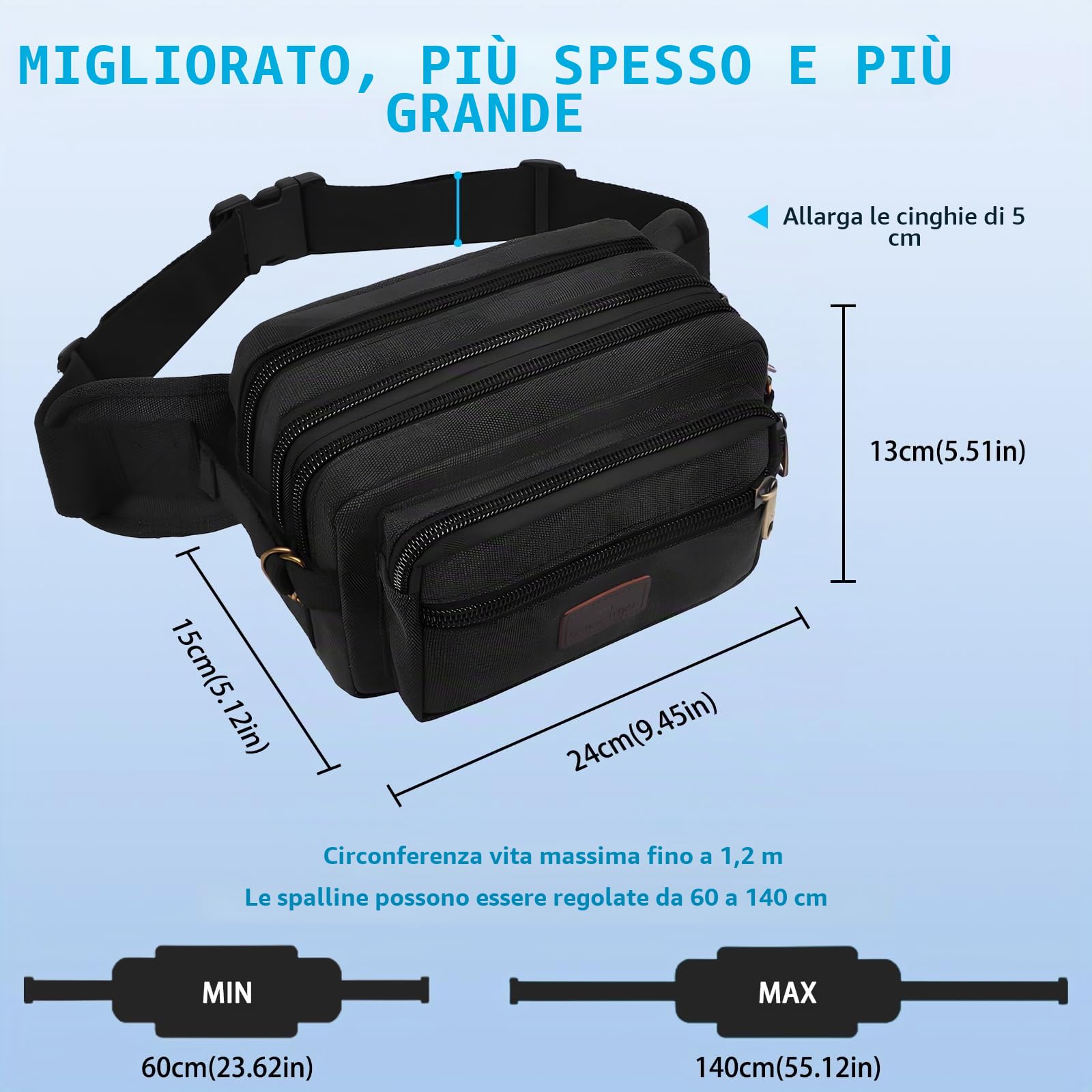 Marsupio Uomo Grande con 7 Tasche Bum Bag Cintura Regolabile per Escursionismo Bicicletta