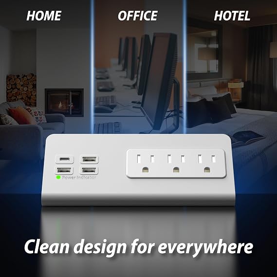 Power charge station edge clamp mount with USB-C portsTabletop Surge Protector Desk Clamp Power Sockets with 3 AC Outlets and 4 Fast Charging USB Ports for Home Office Hotel and Dormitory (White-2pcs)