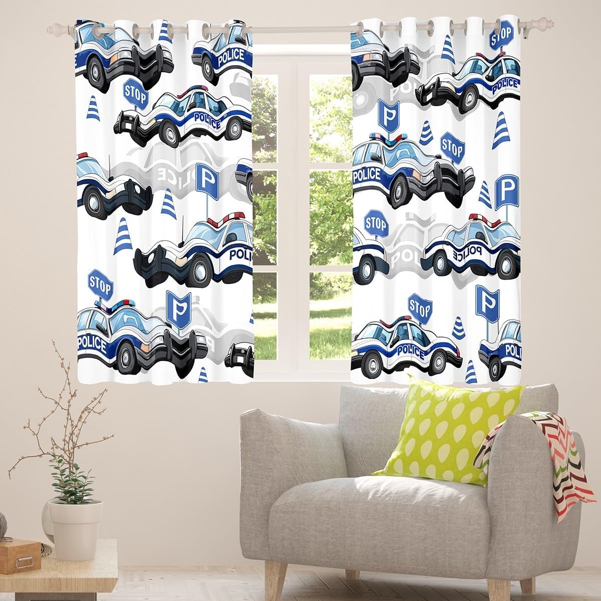 Manfei Police Car Kids Adults Window Curtain,Watercolor 3D Car Police Lover Window Treatment Curtain,Boys Teens Car Traffic Road Sign Window Drapes for Teens Child Bedroom Decor,52Wx63L