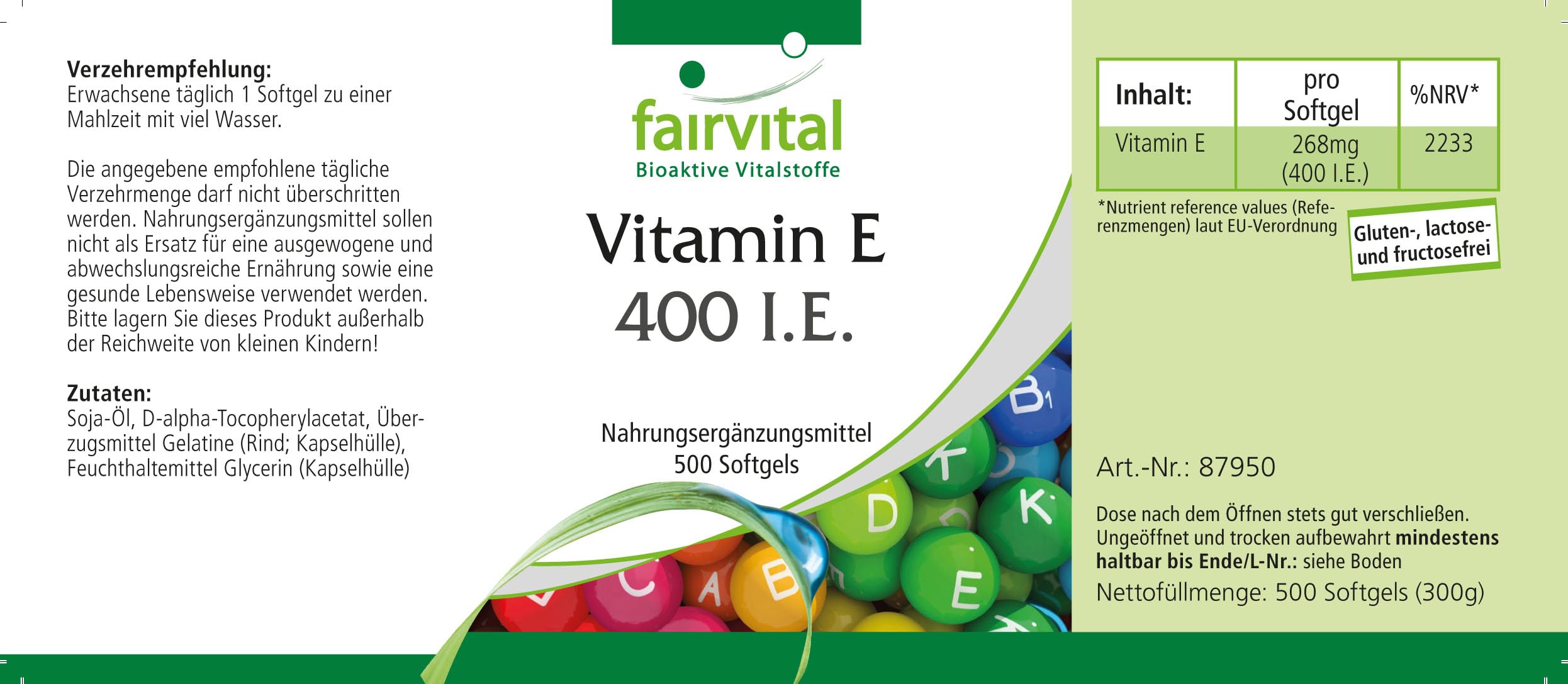 fairvital Vitamin E Kapseln 400 I.E., 500 Softgels, schluckfreundlich, HOCHDOSIERT, für die ganze Familie