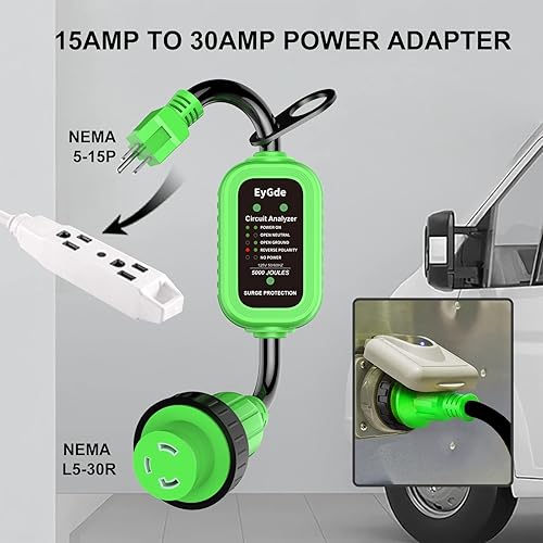 Miniatura 5 de EyGde Adaptador de 30 amperios a 15 amperios 110 RV con protector de sobretensión, adaptador patentado de 15 amperios macho a hembra de 30 amperios
