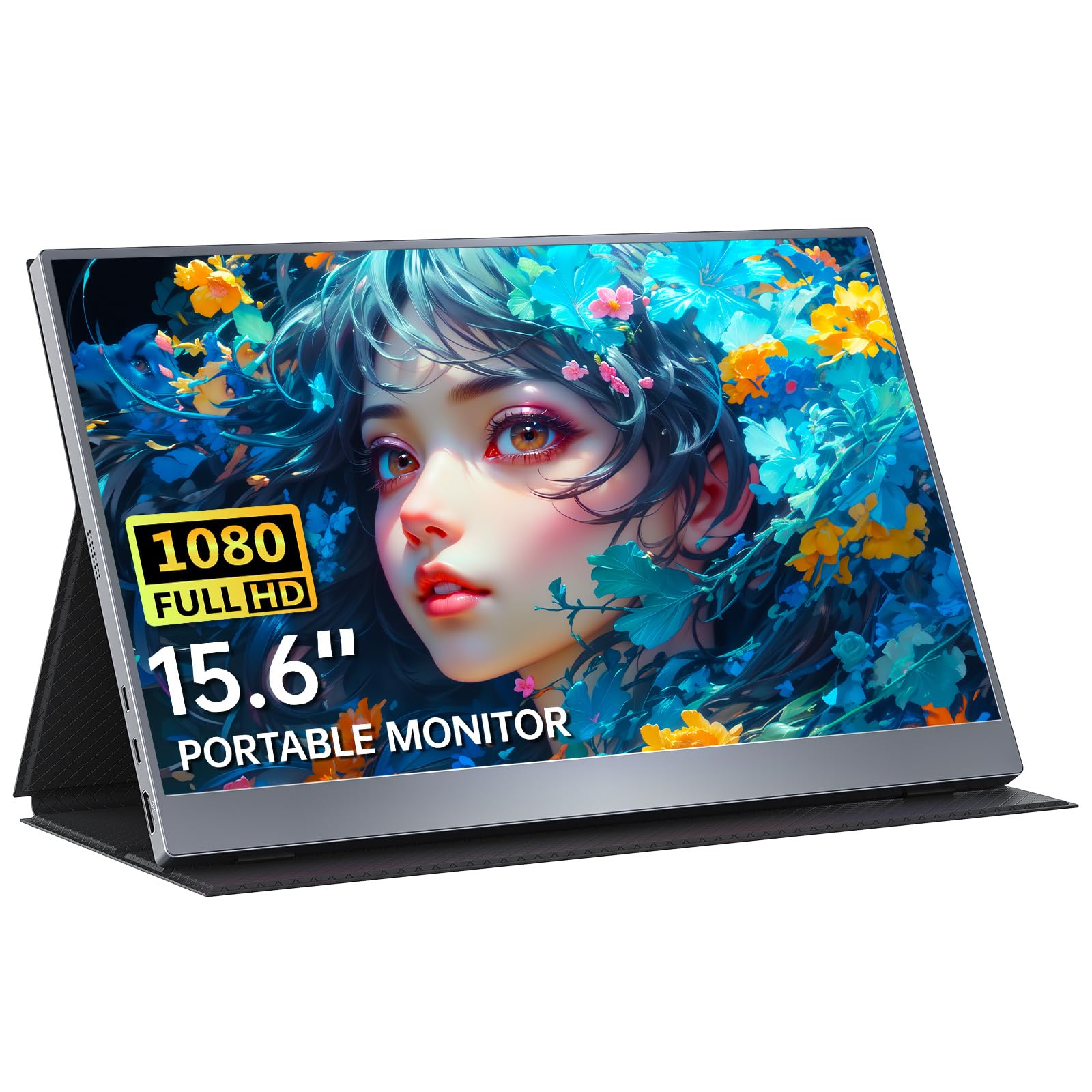 Portable Monitor 15.6" FHD 85% sRGB 60Hz IPS HDR HDMI USB-C Travel Monitor for Laptop MacBook PC Surface PS5 Xbox, External Display with Cover & Speakers, VESA Compatible