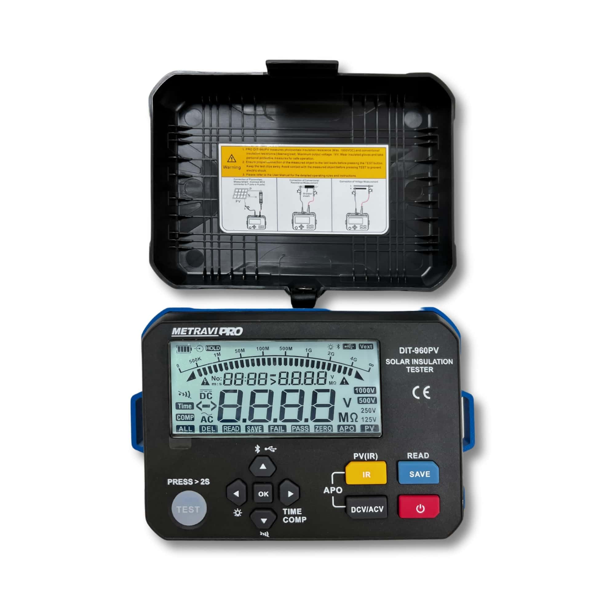 Metravi PRO DIT-960PV tester in use, measuring insulation resistance on a solar panel array.