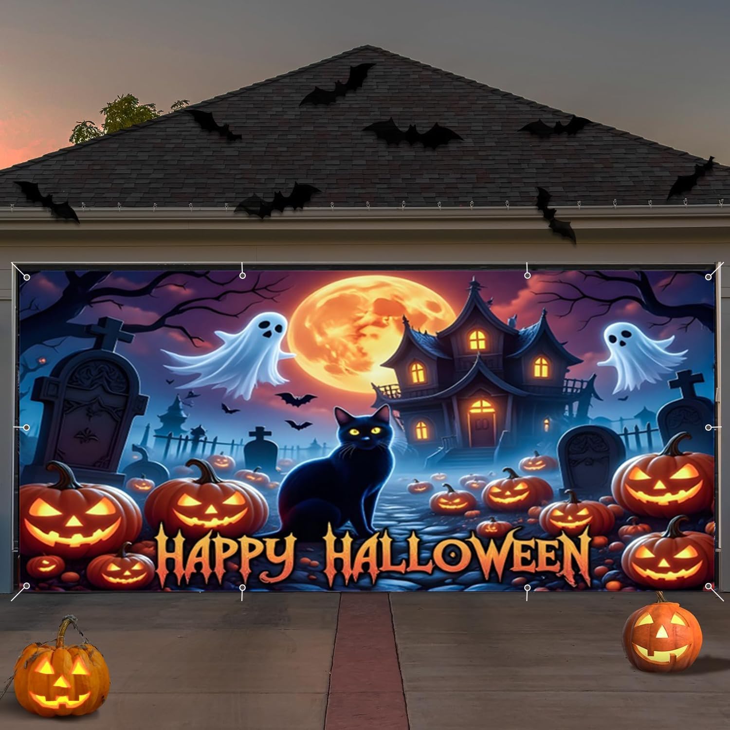 Halloween Garage Door Cover 7x16ft Large Halloween Garage Door Decorations Banner Haunted Castle Cemetery Ghost Scary Wall Backdrop for Outdoor Indoor Spooky Party Decor