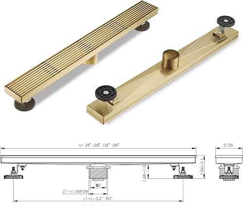 Miniatura 6 de Drenaje lineal de ducha rectangular de acero inoxidable 304 dorado cepillado, drenaje lineal de piso de drenaje rápido de 51 lmin, certificado CUPC