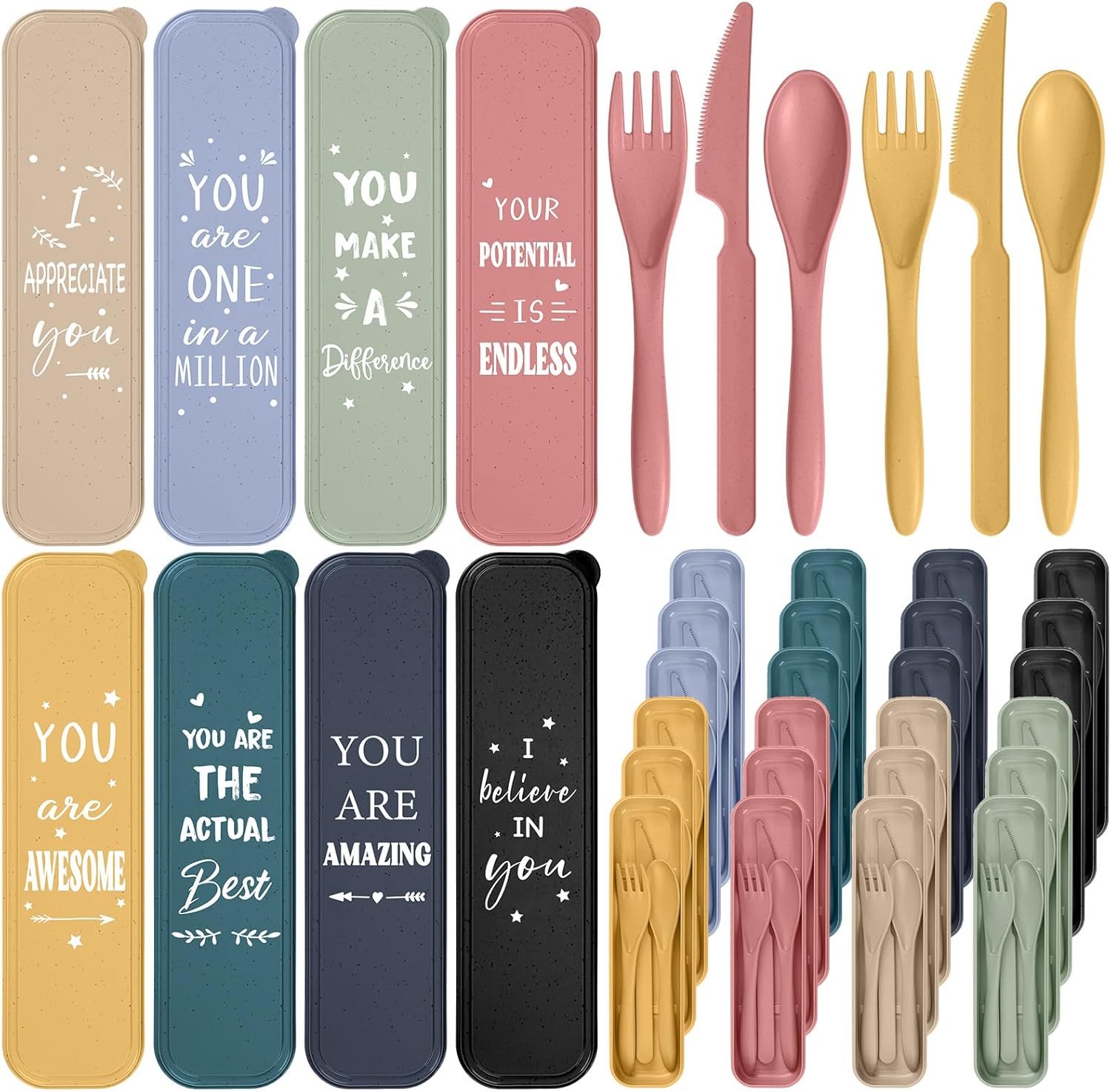 Hushee 24 Pack Employee Appreciation Gifts Bulk for Coworkers Reusable Travel Utensils Set with Case Wheat Straw Cutlery Portable Spoon Knife Fork Tableware for Team Coworker Staff Teacher