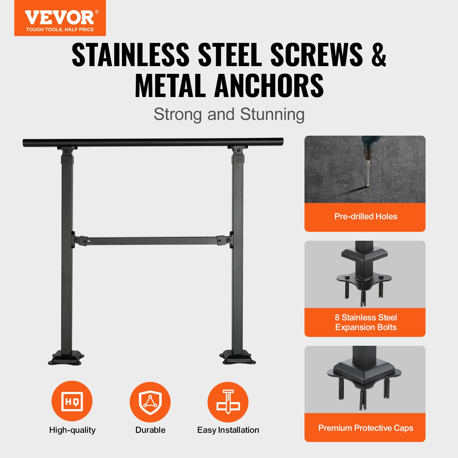 VEVOR Rampa Scala 914,4 mm Ringhiera Scala per 3 gradini a mano in acciaio al carbonio regolabile 50° carico 300 kg con kit di installazione per pavimenti in cemento legno piastrelle in ceramica