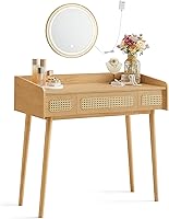 VASAGLE Boho Vanity Desk with Dimmable LED Mirror Lights, 3 Rattan Drawers, Makeup Table for Bedroom - Oak Beige