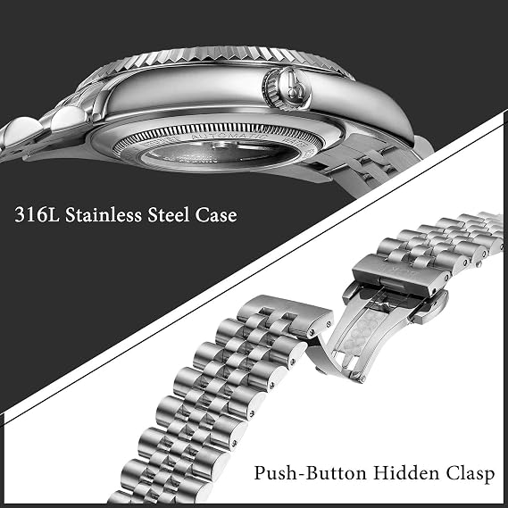 BUREI Men's Automatic Mechanical Watch Luxury Business Waterproof Stainless Steel Watches for Men, Self-Winding