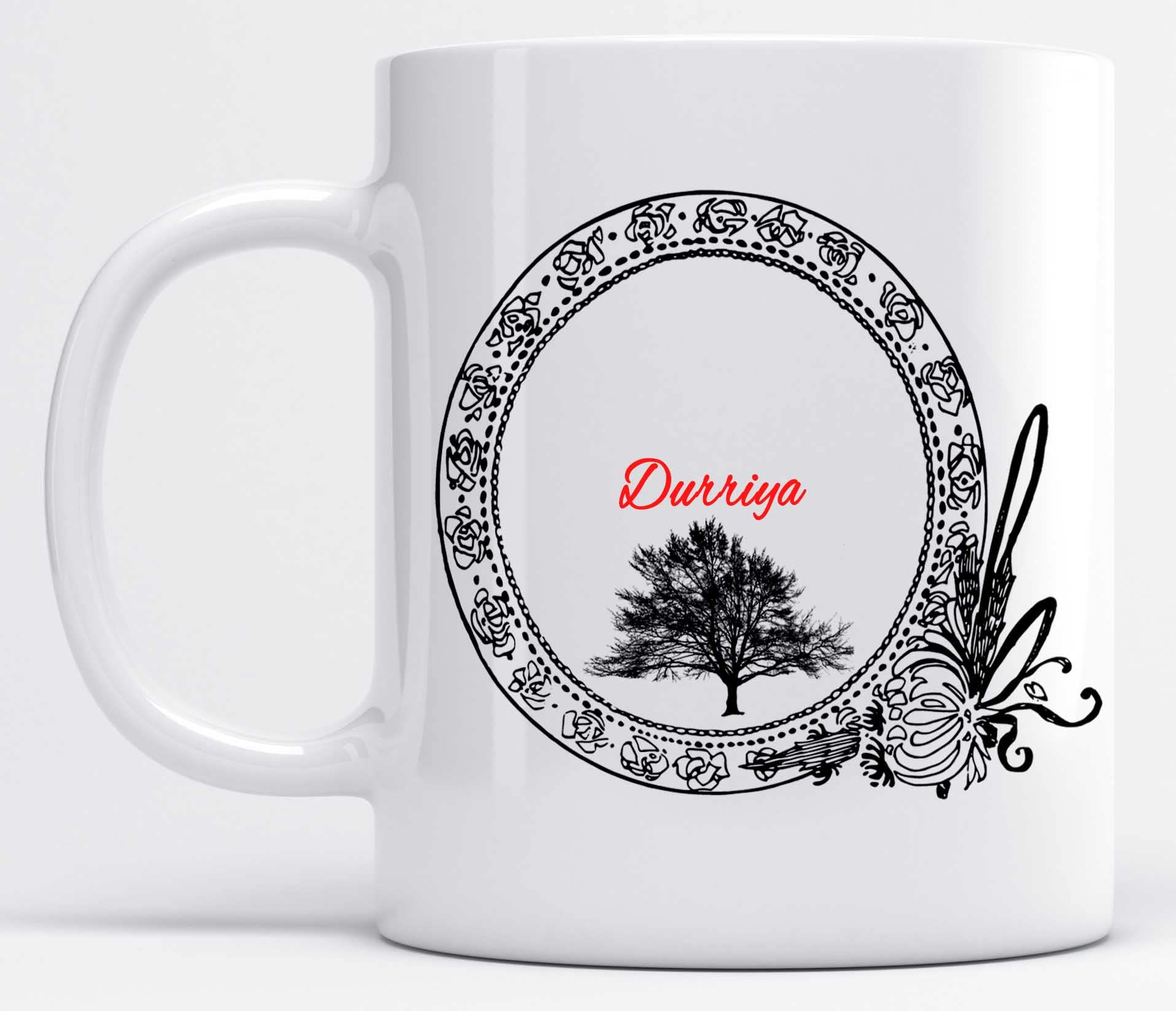 LOROFY Floral Black Name Durriya Printed White Ceramic Coffee Mug (350ML)