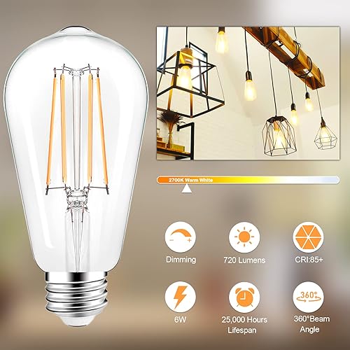 Miniatura 2 de PARTPHONER - Bombillas LED regulables con diseño vintage Edison, E26, bombilla LED equivalente a 60 W, 720 lúmenes, luz blanca cálida 2700 K,