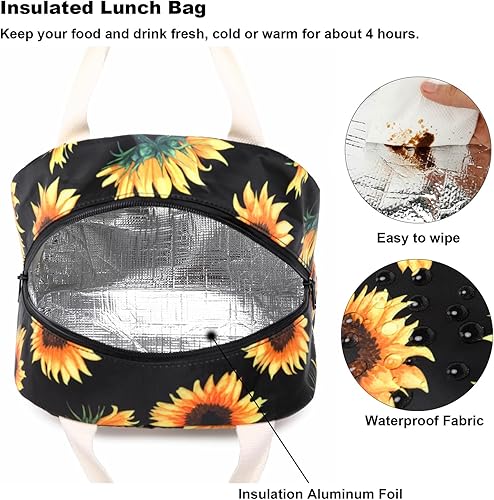 Miniatura 4 de Mimfutu Bolsa de almuerzo con aislamiento de girasol para mujeres y niñas, lonchera reutilizable para adultos, niños, escuela, trabajo, viajes