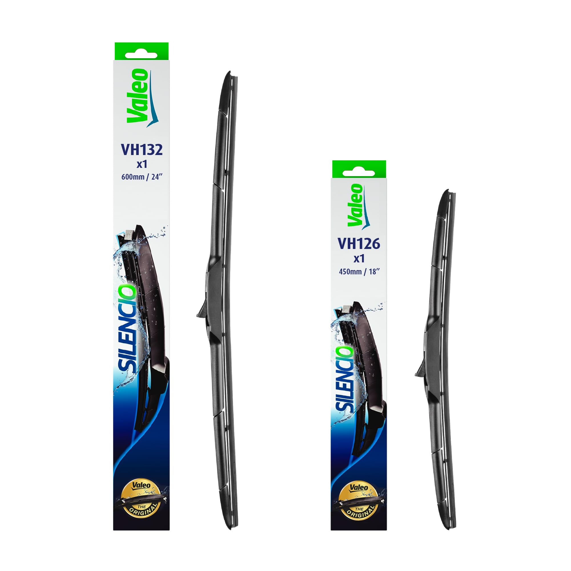 VALEO Silencio - Kit de Escobillas Limpiaparabrisas Híbridas de Repuesto para Equipo Original Premium para todas las Estaciones VH132 + VH126 - Frontales - Longitudes: 600mm + 450mm - 574732 + 574726