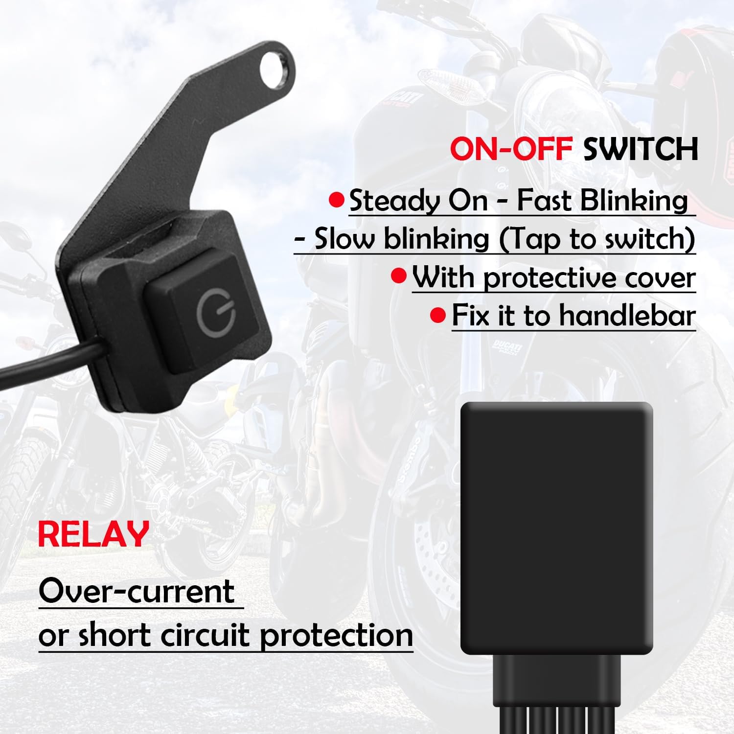 Erato Kit cablaggio luci LED per moto 12V 2 cavi Interruttore on/off Fusibili a lama 10A 15A Relè 40A per fendinebbia Barra luminosa Luci di guida Luci di lavoro ausiliarie