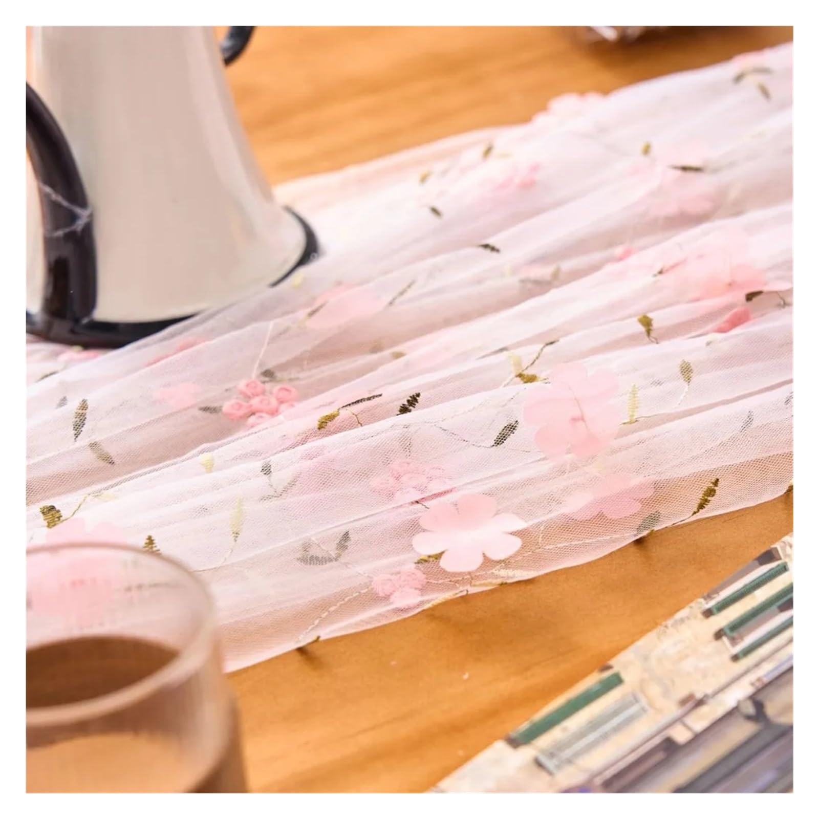 NJIEzhao Embroidered Lace Tablecloth Romantic Floral Embroidered Lace Tulle Tablecloth Transparent Mesh Table Cloth Cover(F,100x150CM)