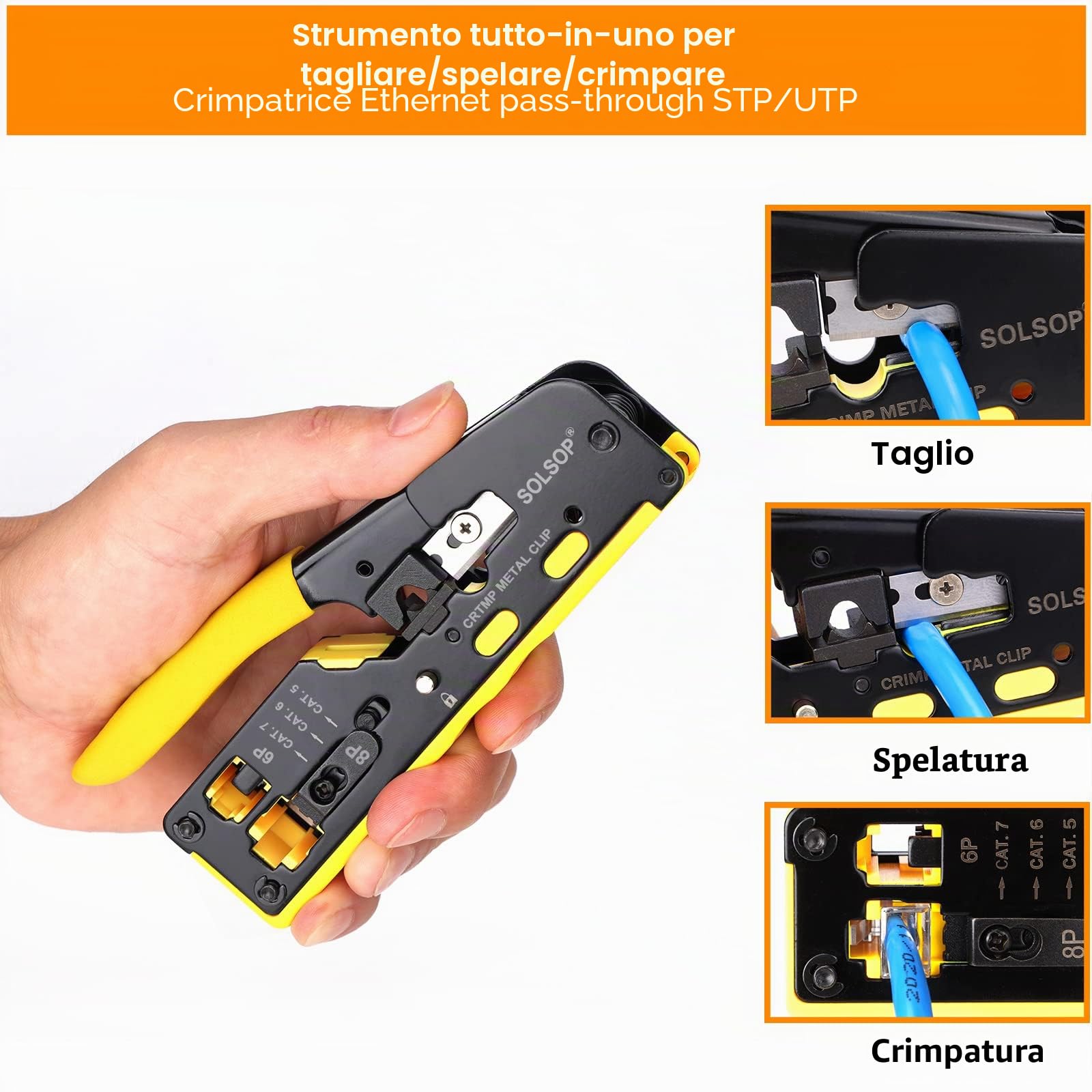 Solsop Strumento di crimpatura RJ45 passa-through Ethernet, per connettore passante finale Cat5, Cat6, Cat7, supporta spelatura e taglio